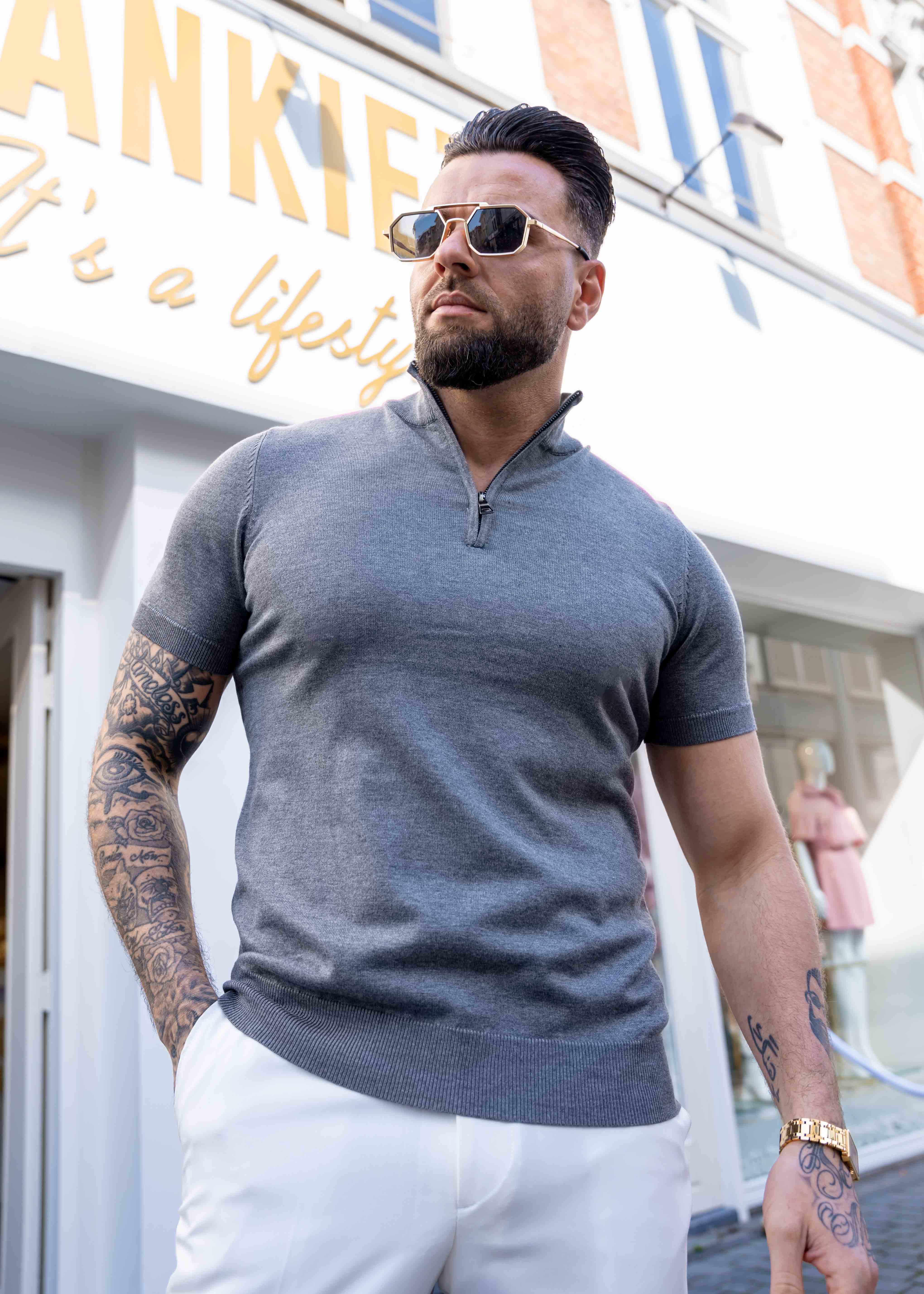 Zipper knitwear short sleeve grey