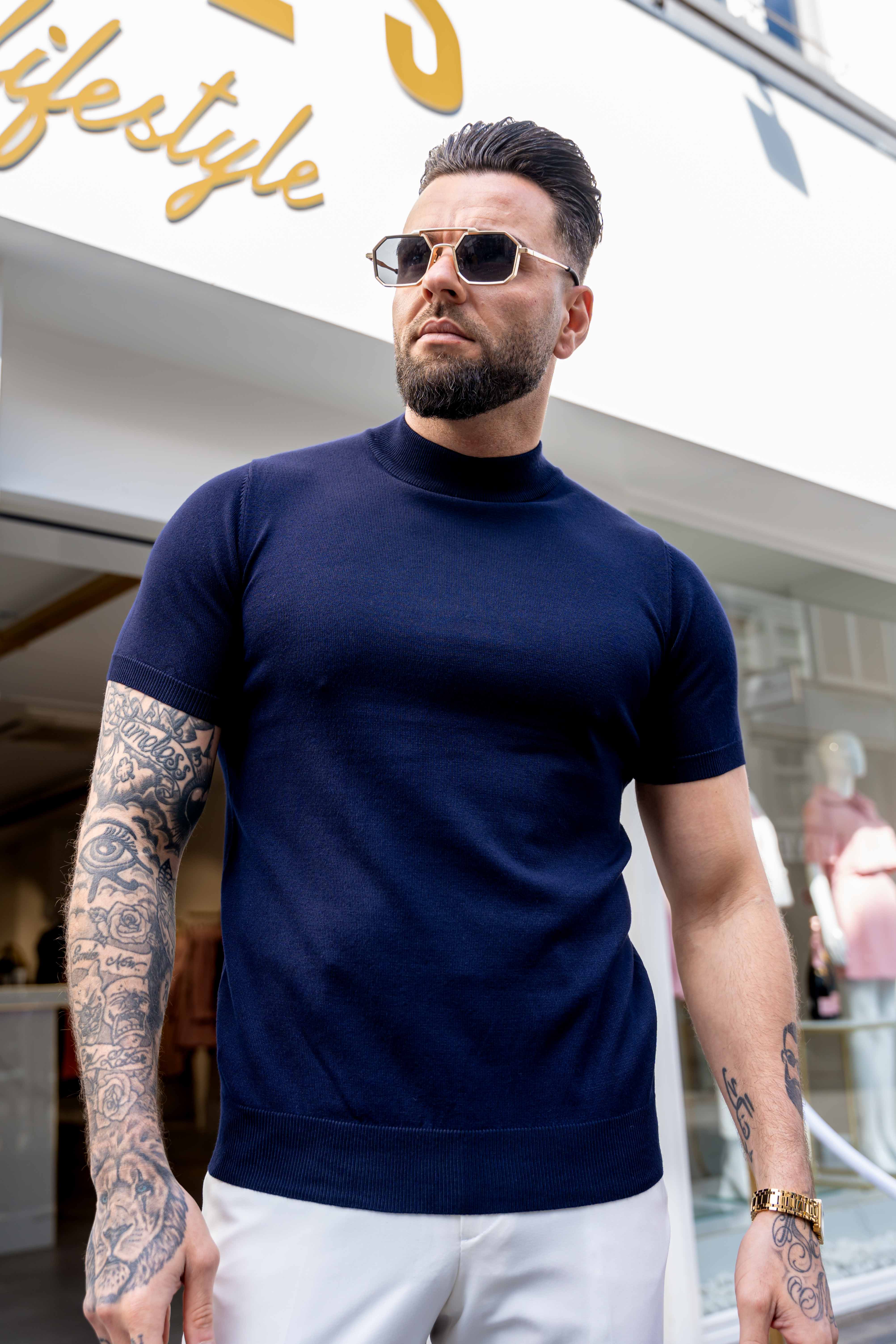 Turtleneck knitwear short sleeve navy blue