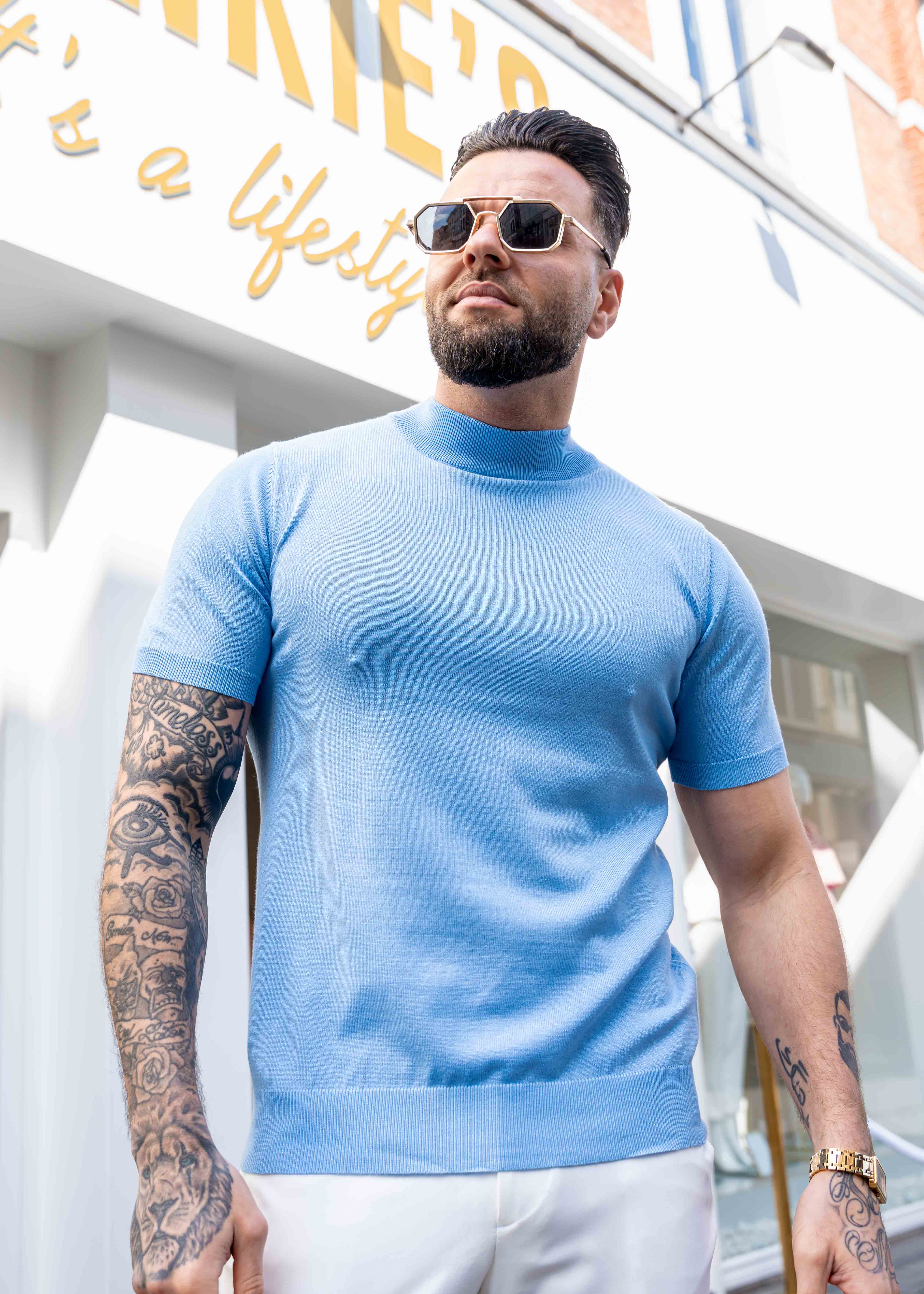 Turtleneck knitwear short sleeve light blue