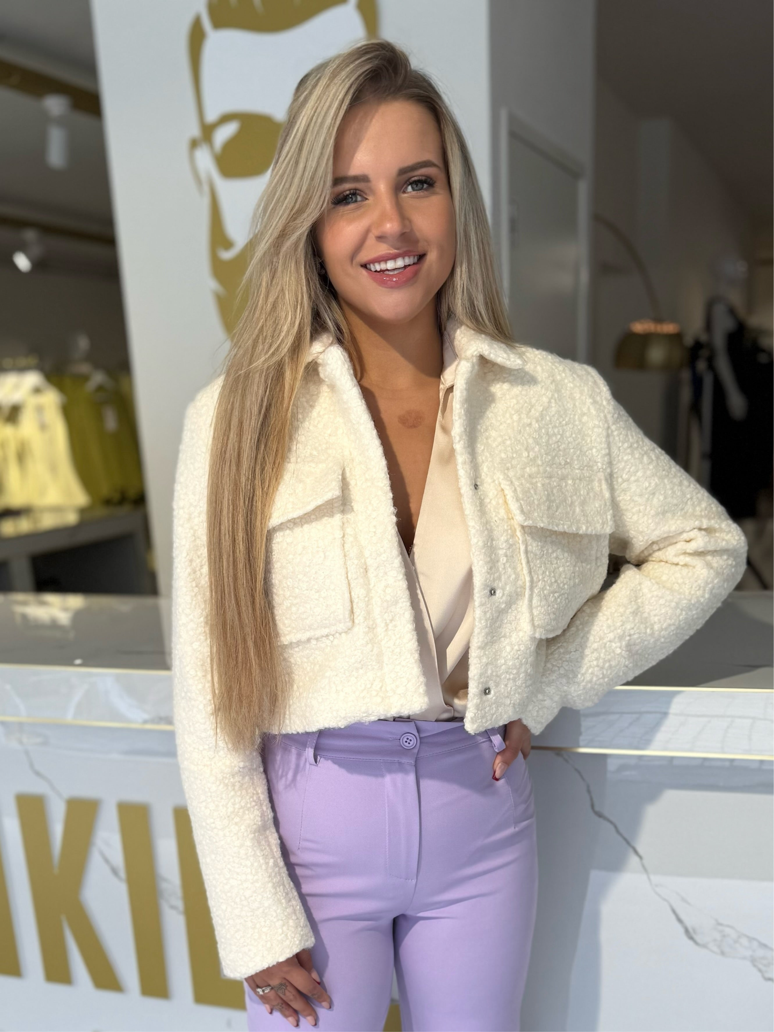Cropped teddy jacket cream