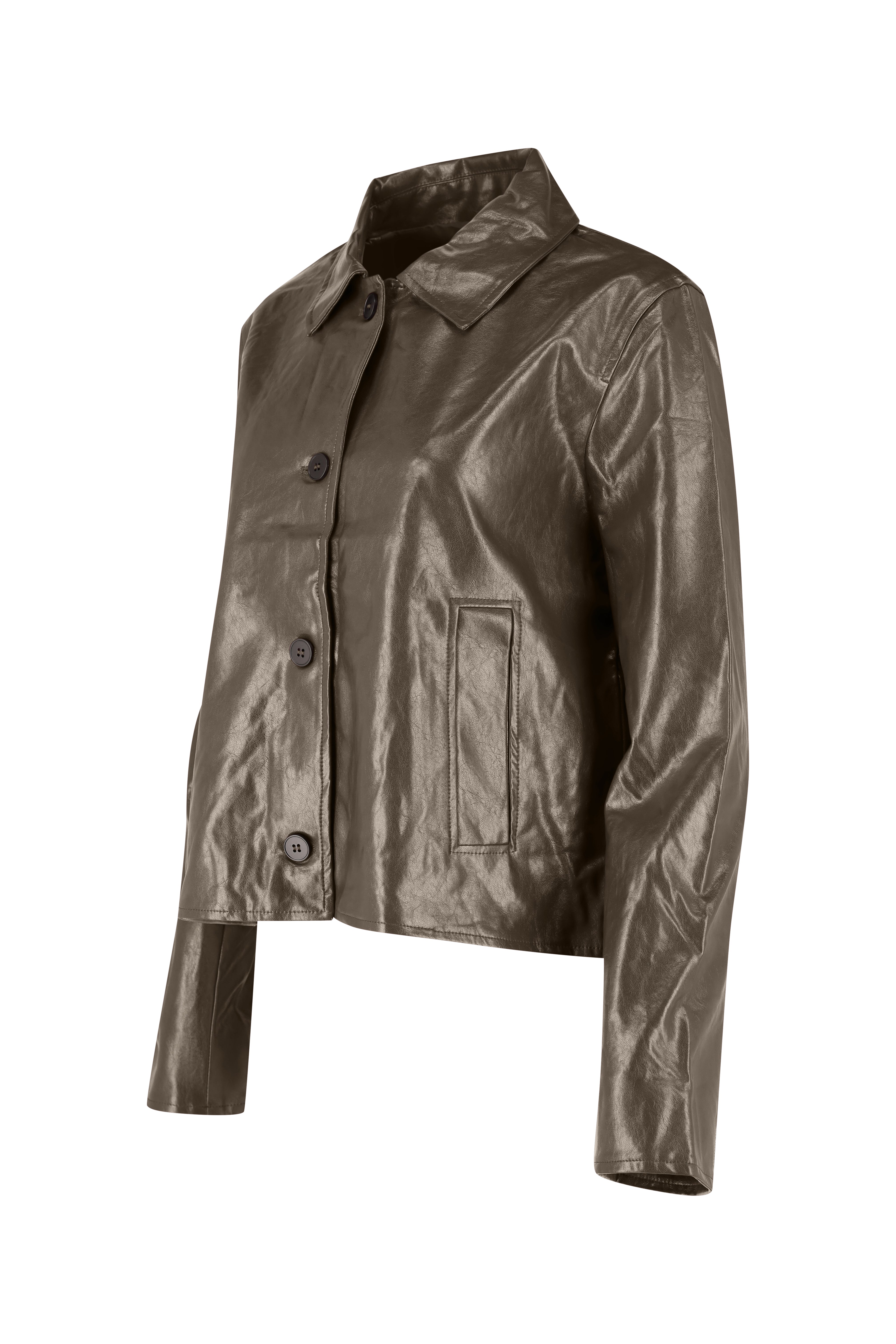 Lined Faux Leather Jacket - Khaki