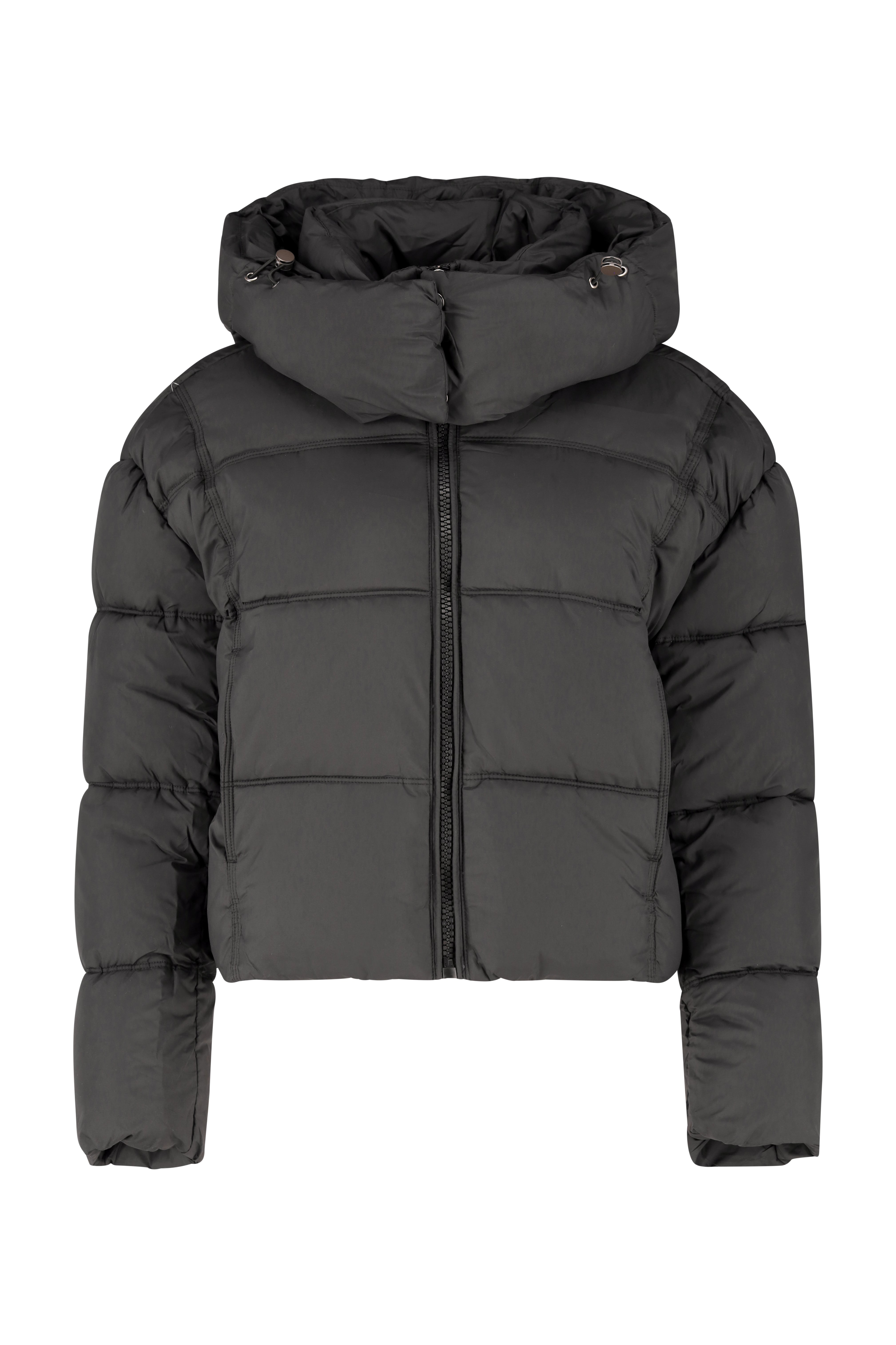 Crop Puffer Jacket with Adjustable Hood - Black