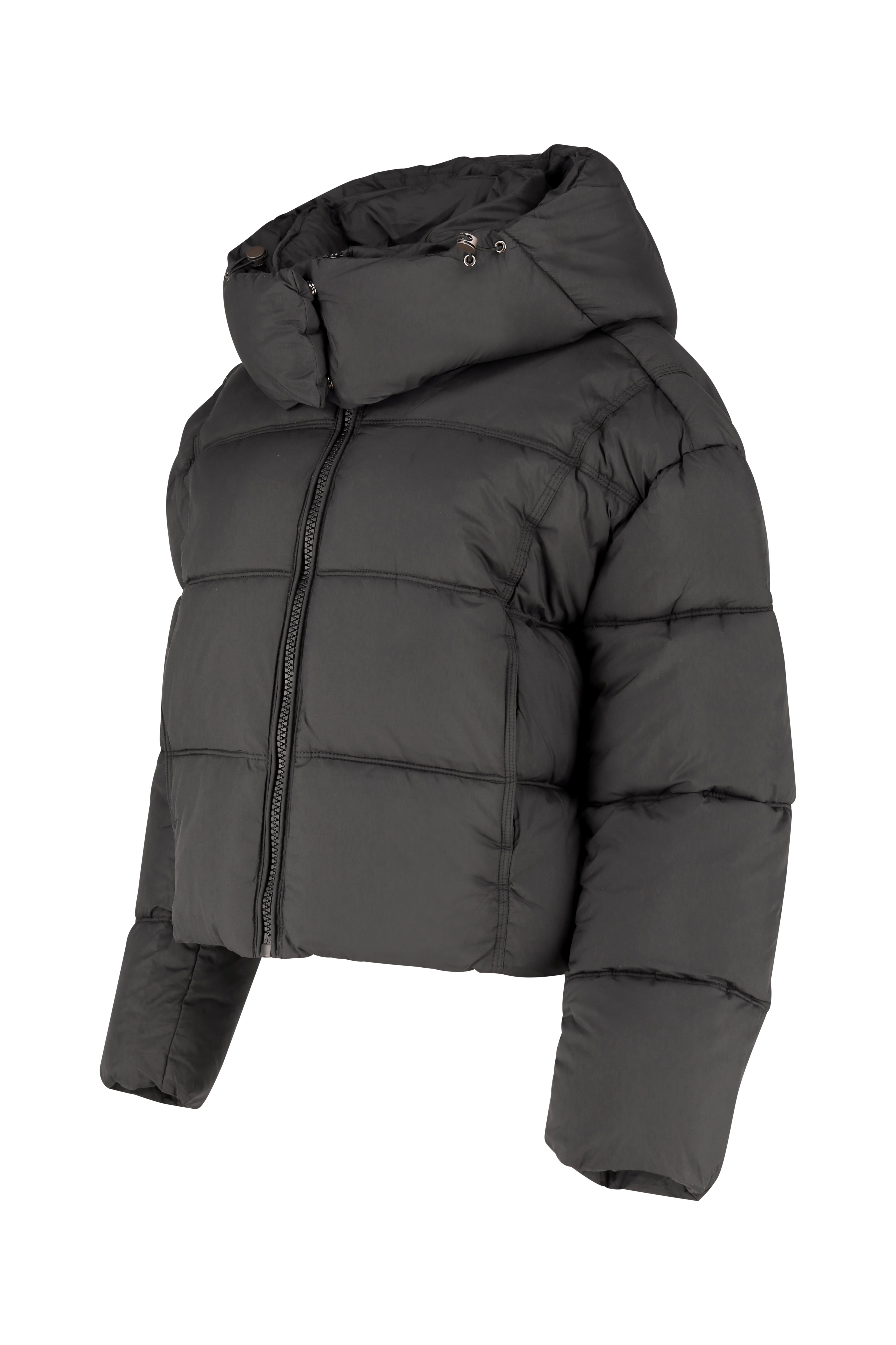 Crop Puffer Jacket with Adjustable Hood - Black