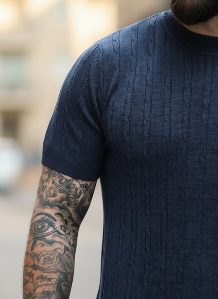 Cable Knit Short-Sleeve Shirt Navy Blue - Frankie's