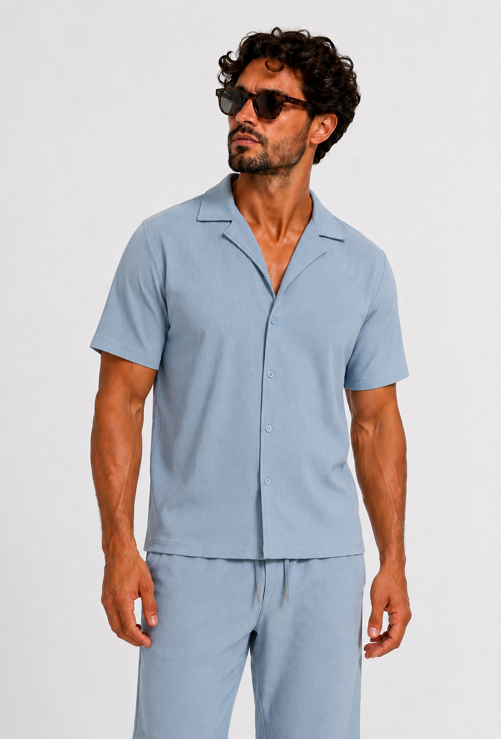 Summer set rib pantalon & shirt light blue