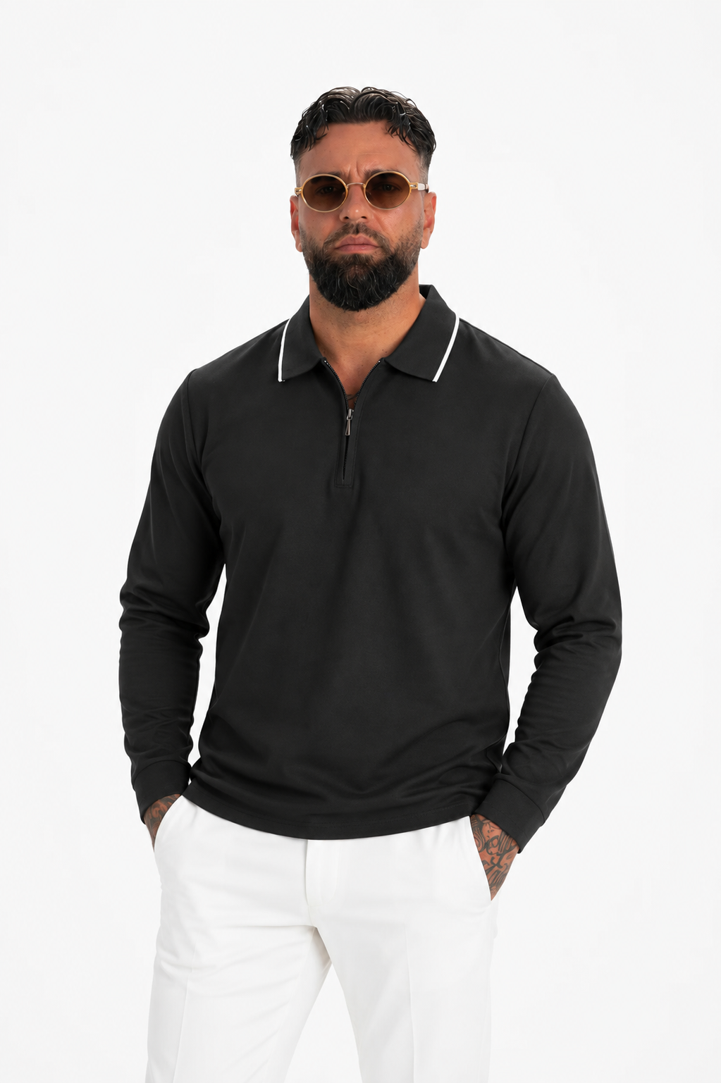 Ravello Zip Polo Long Sleeve Black