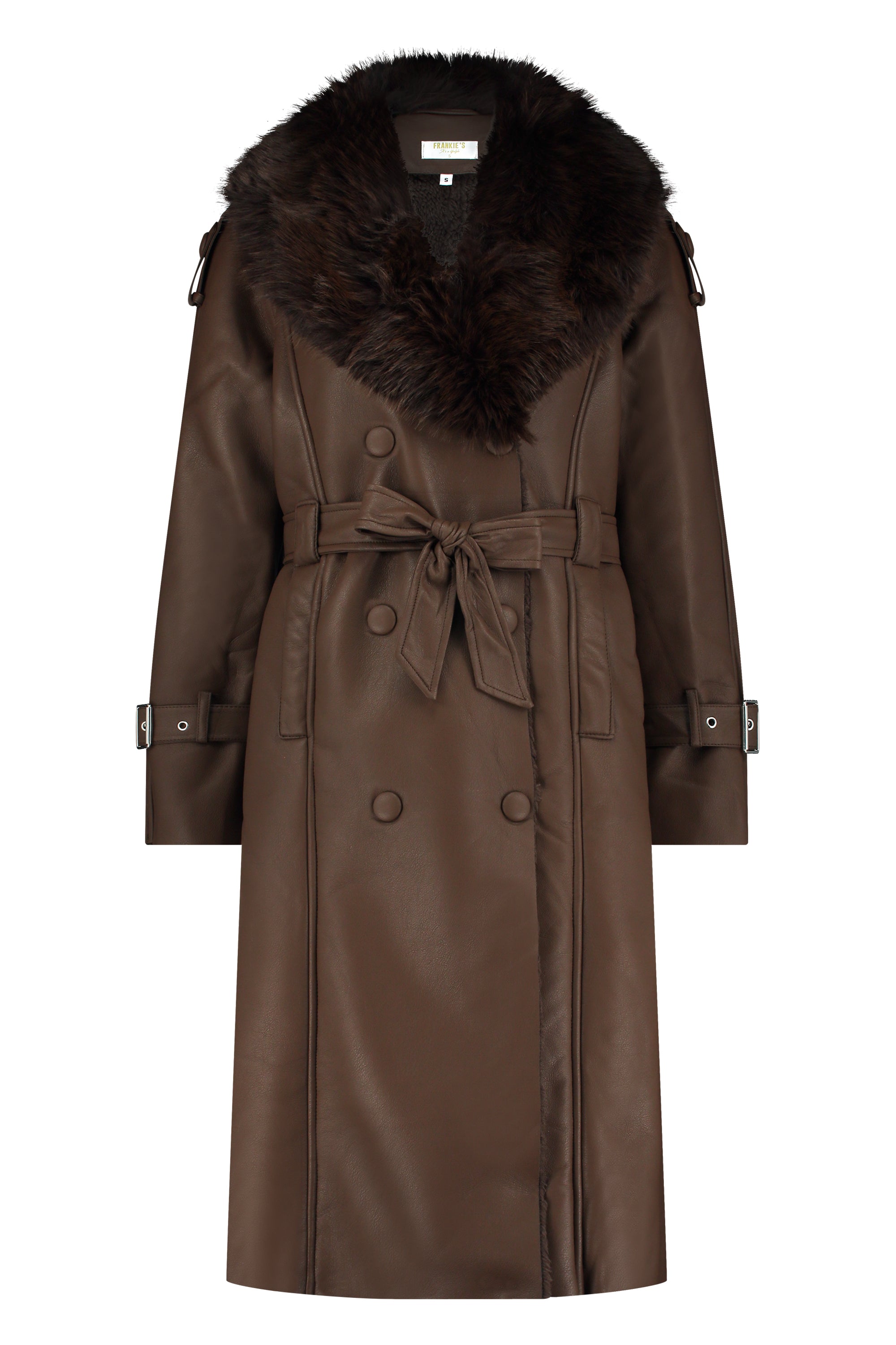 Leather trenchcoat faux fur brown