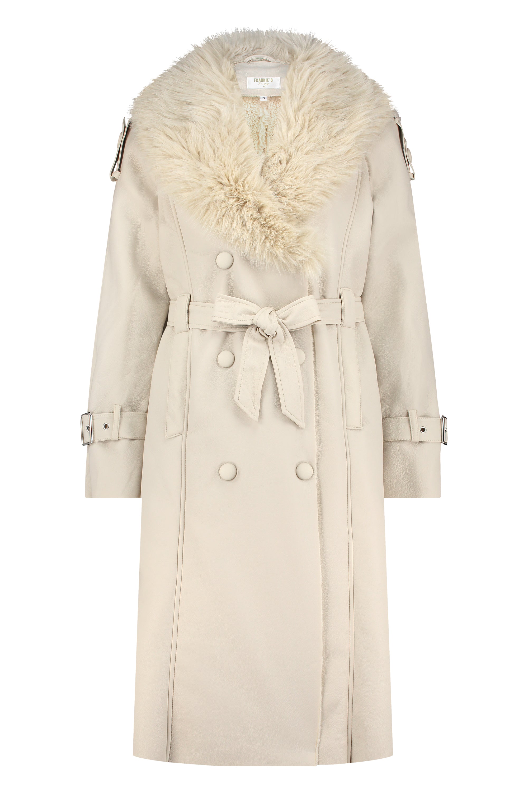 Leather trenchcoat faux fur beige