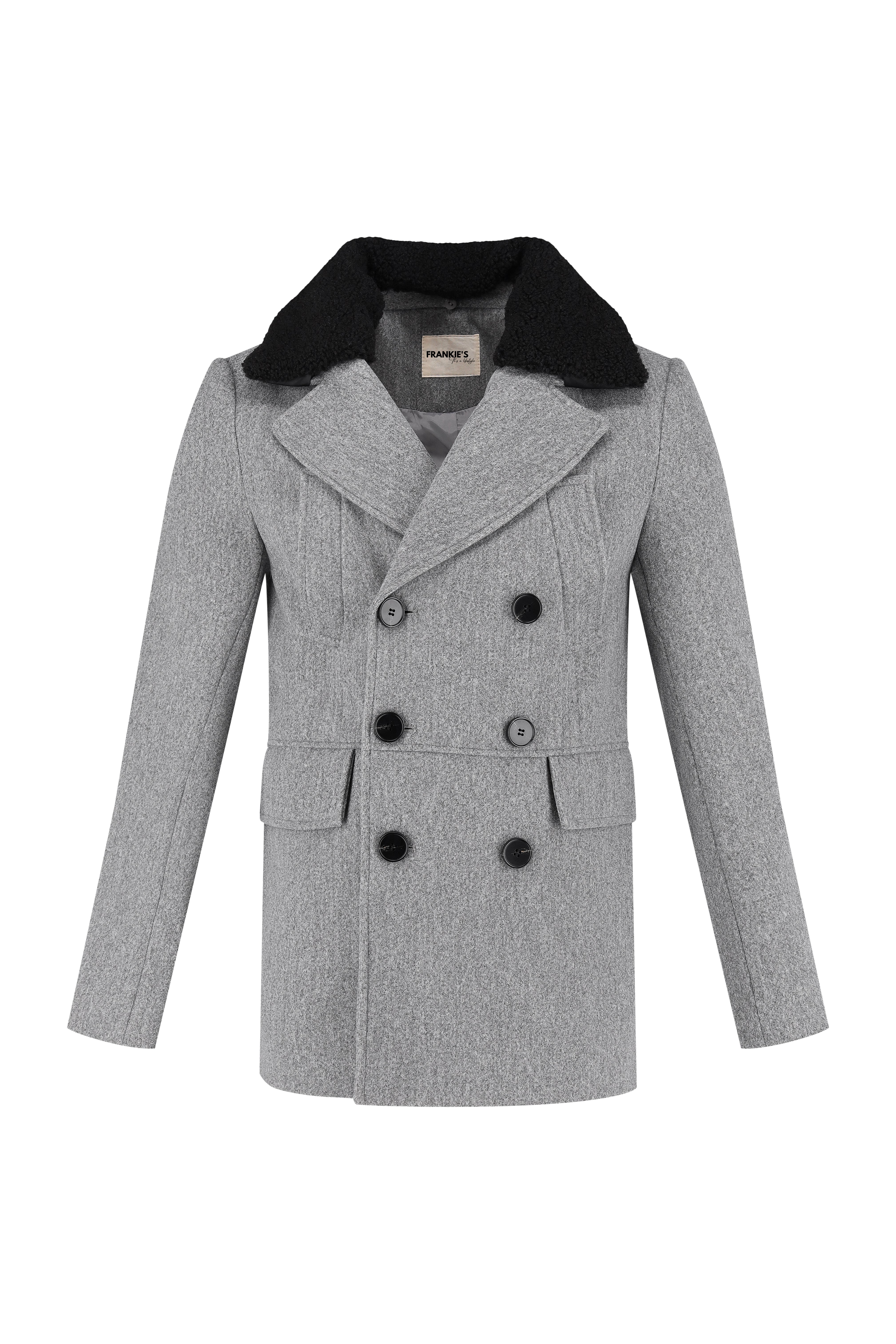 Double Breasted Coat With Fur Trim - Grey - Frankie's