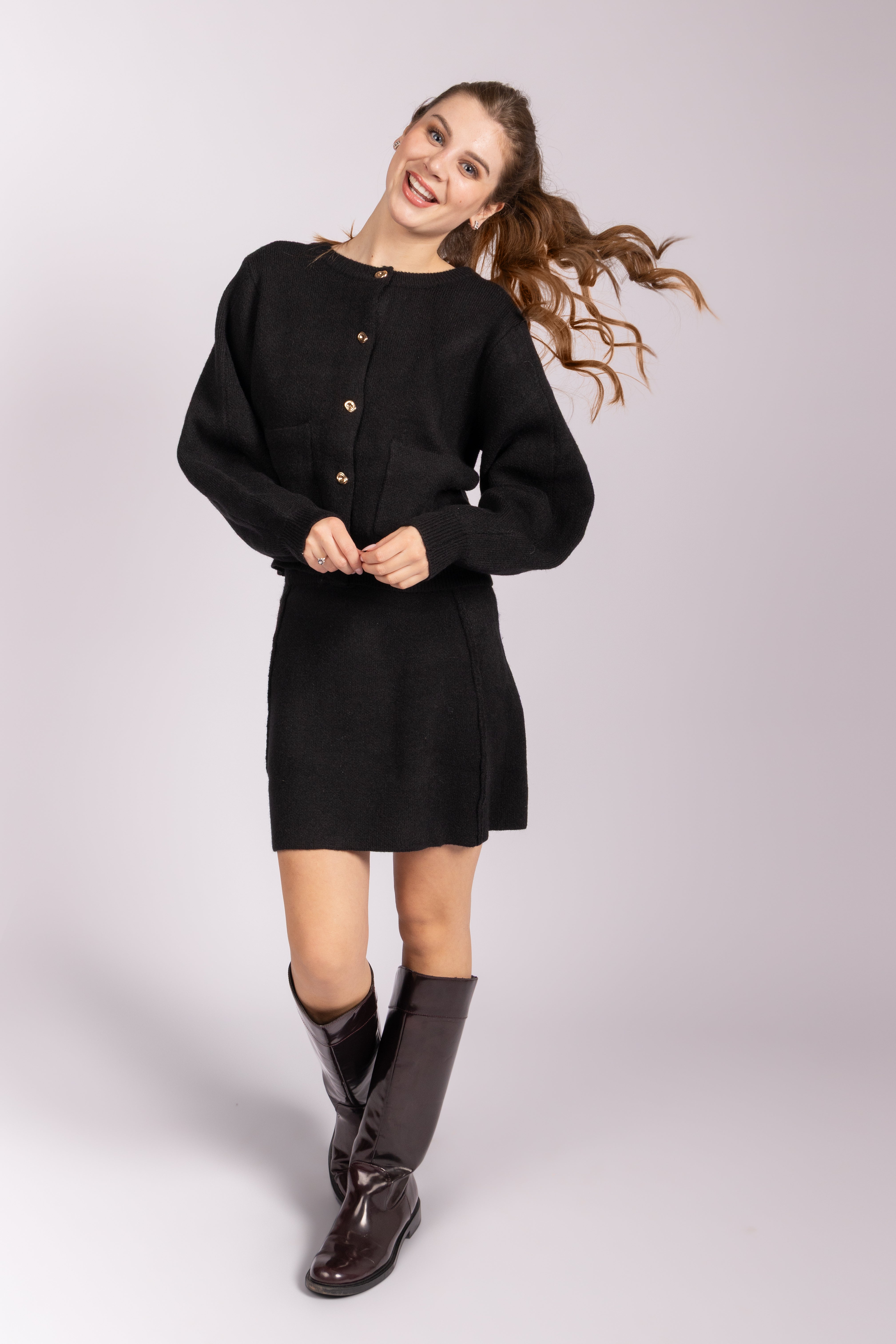 Matching Knitwear Cardigan and Skirt Set - Black