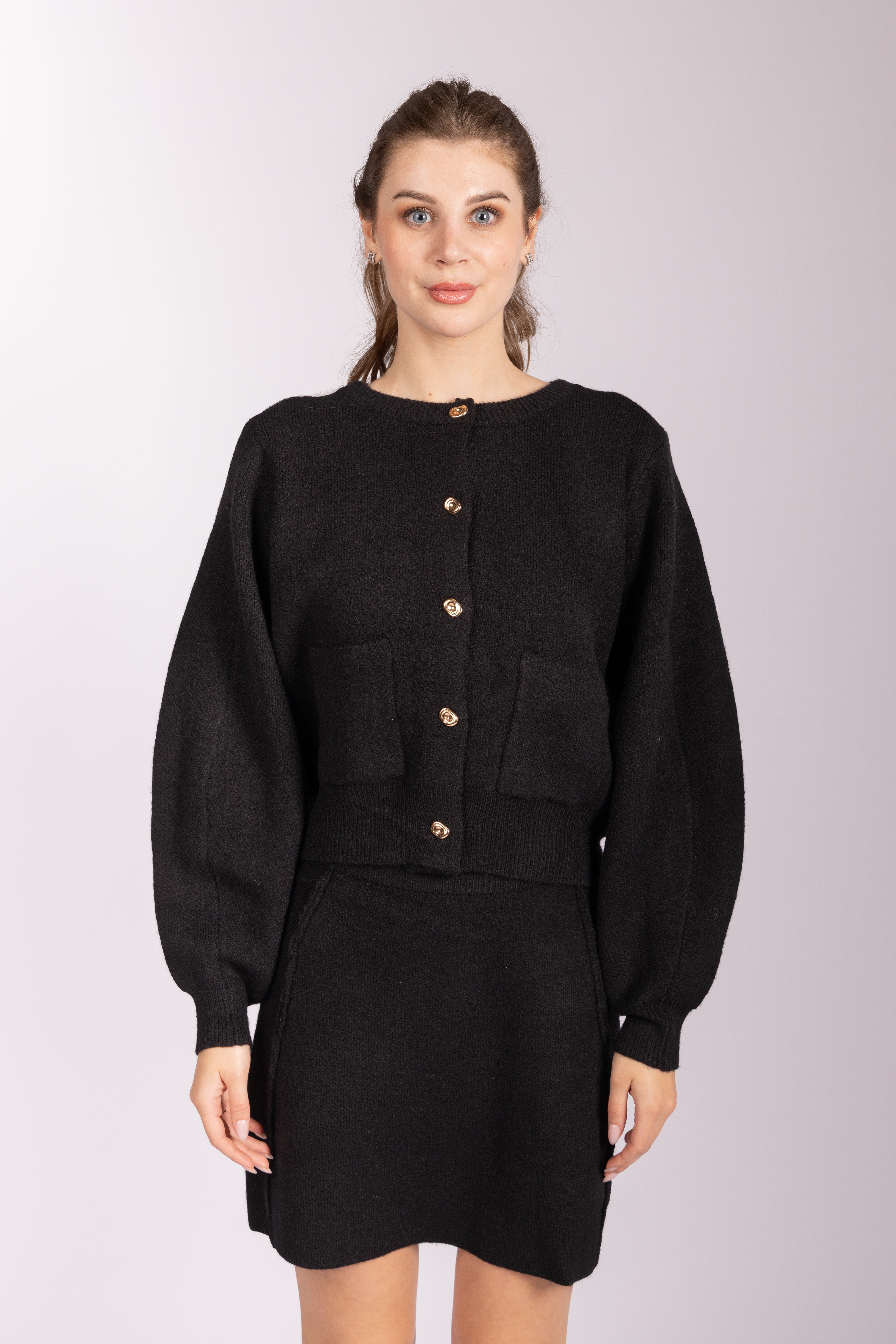 Matching Knitwear Cardigan and Skirt Set - Black