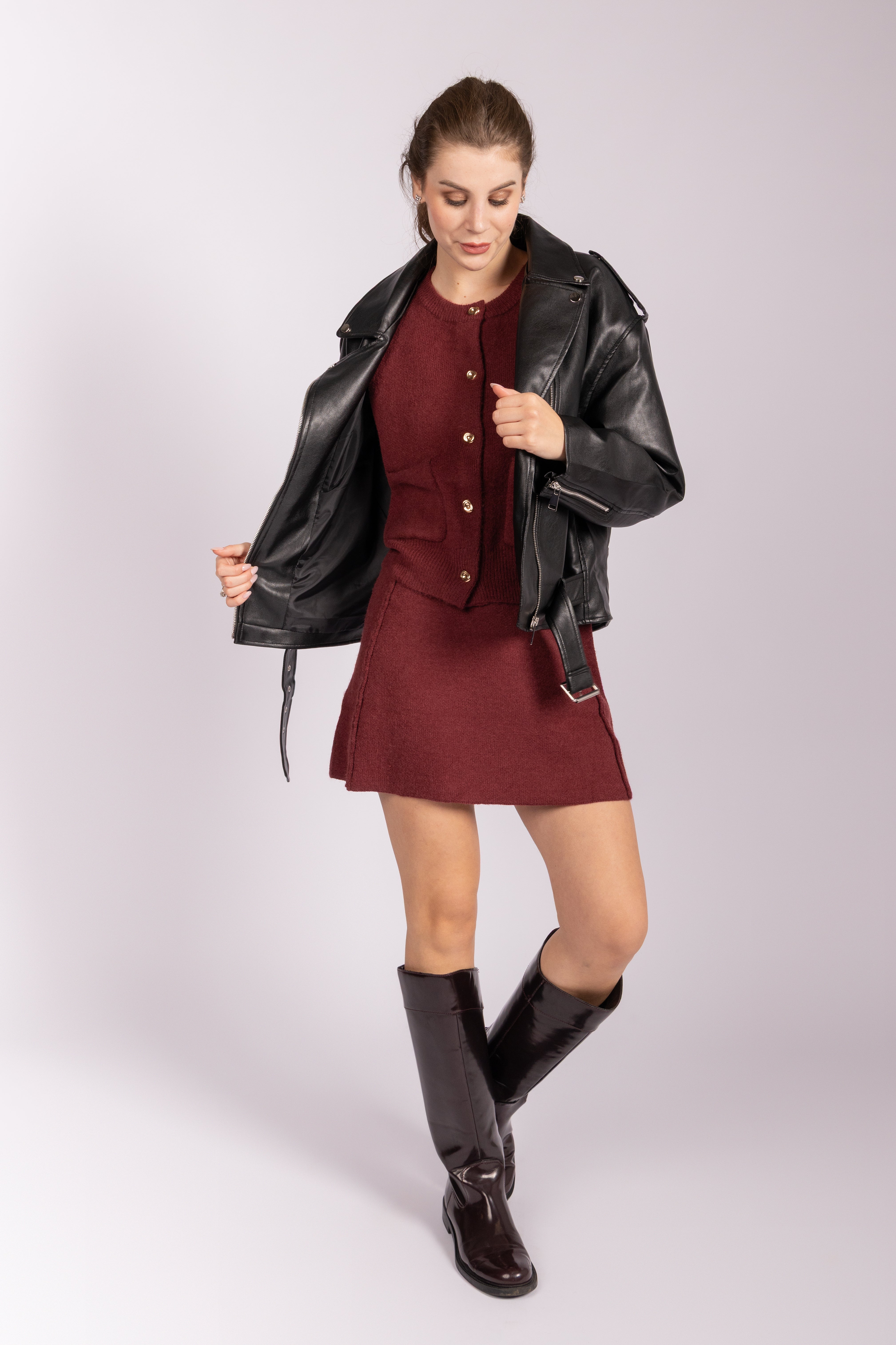 Matching Knitwear Cardigan and Skirt Set - Bordeaux
