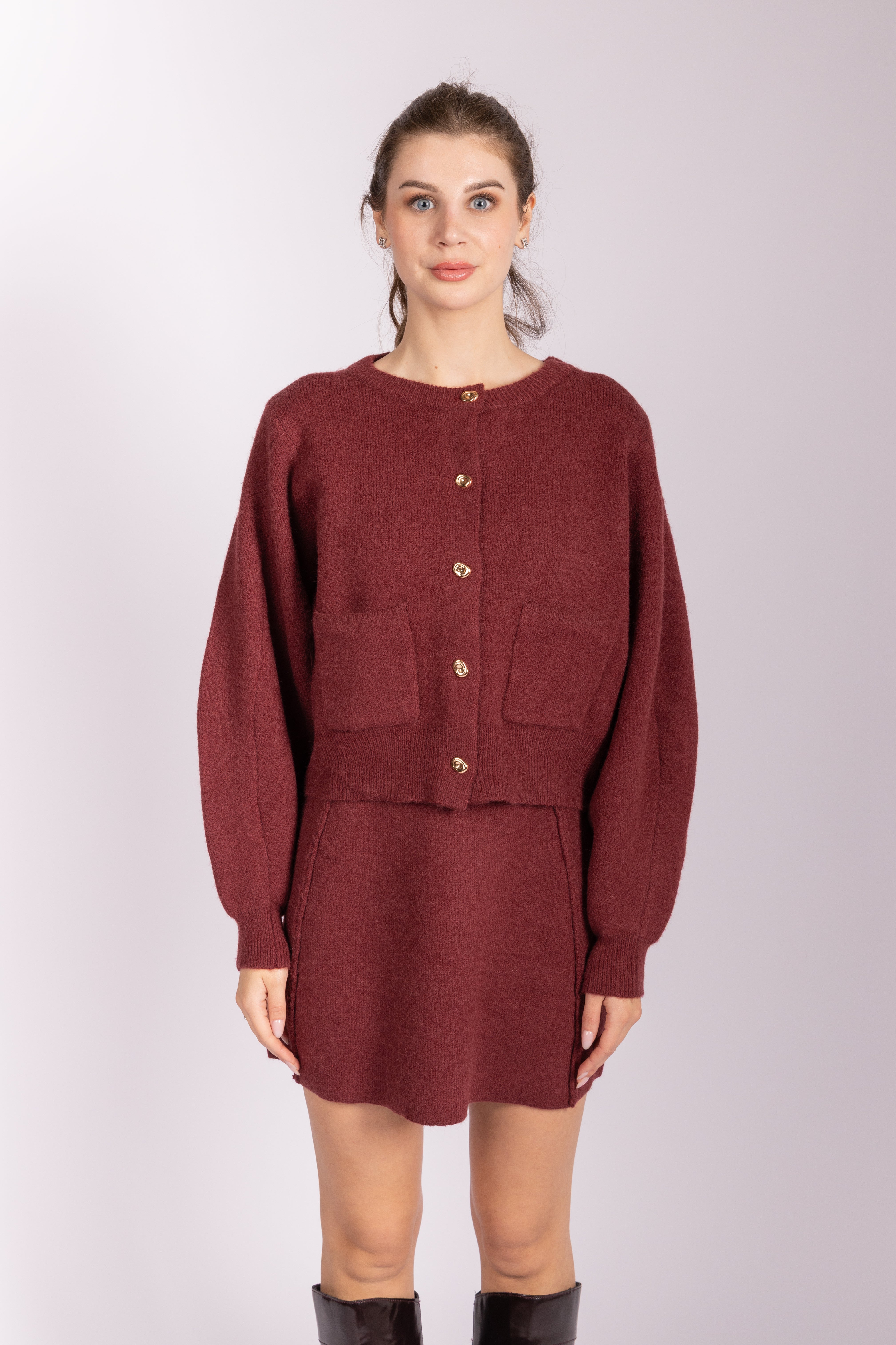 Matching Knitwear Cardigan and Skirt Set - Bordeaux