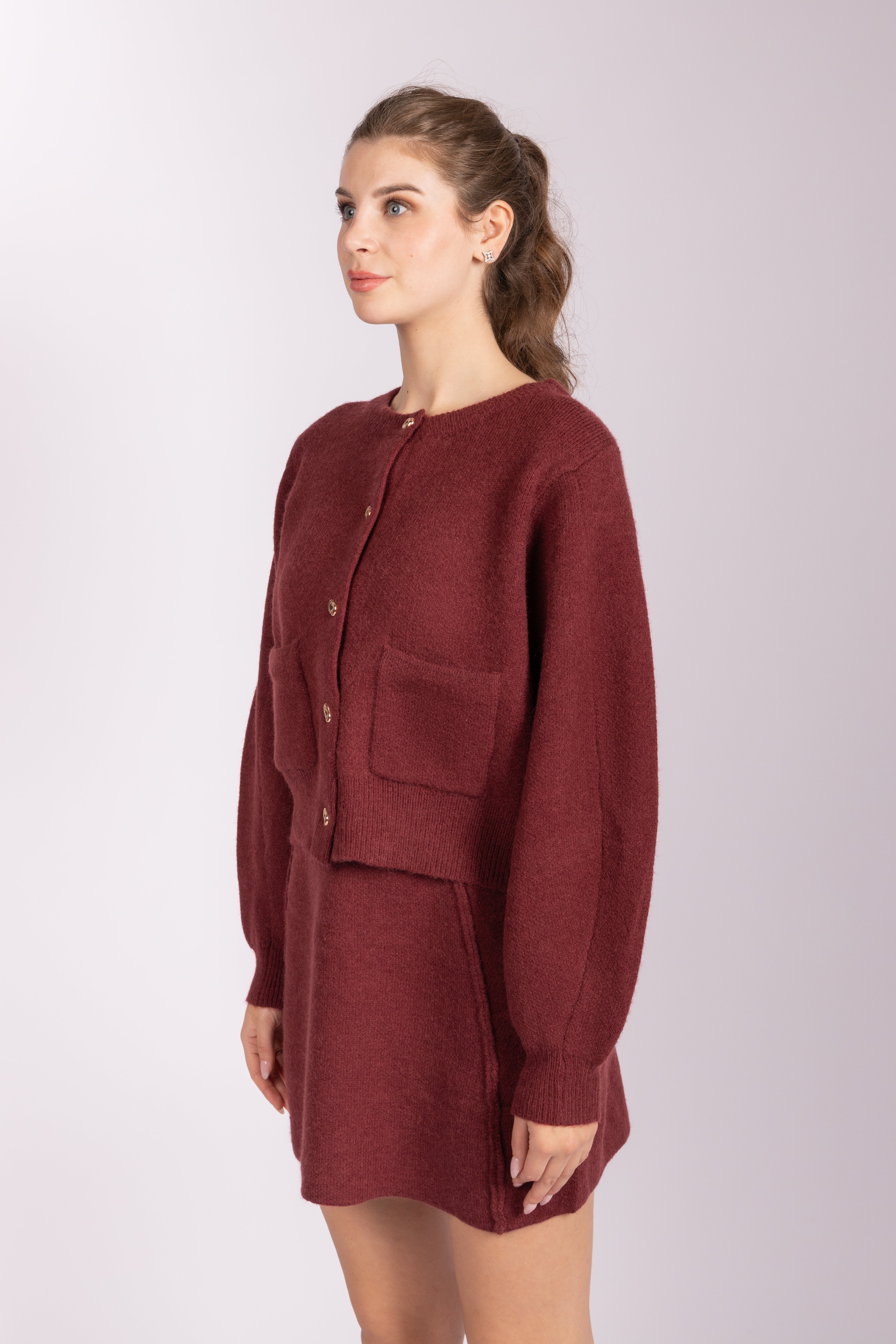 Matching Knitwear Cardigan and Skirt Set - Bordeaux