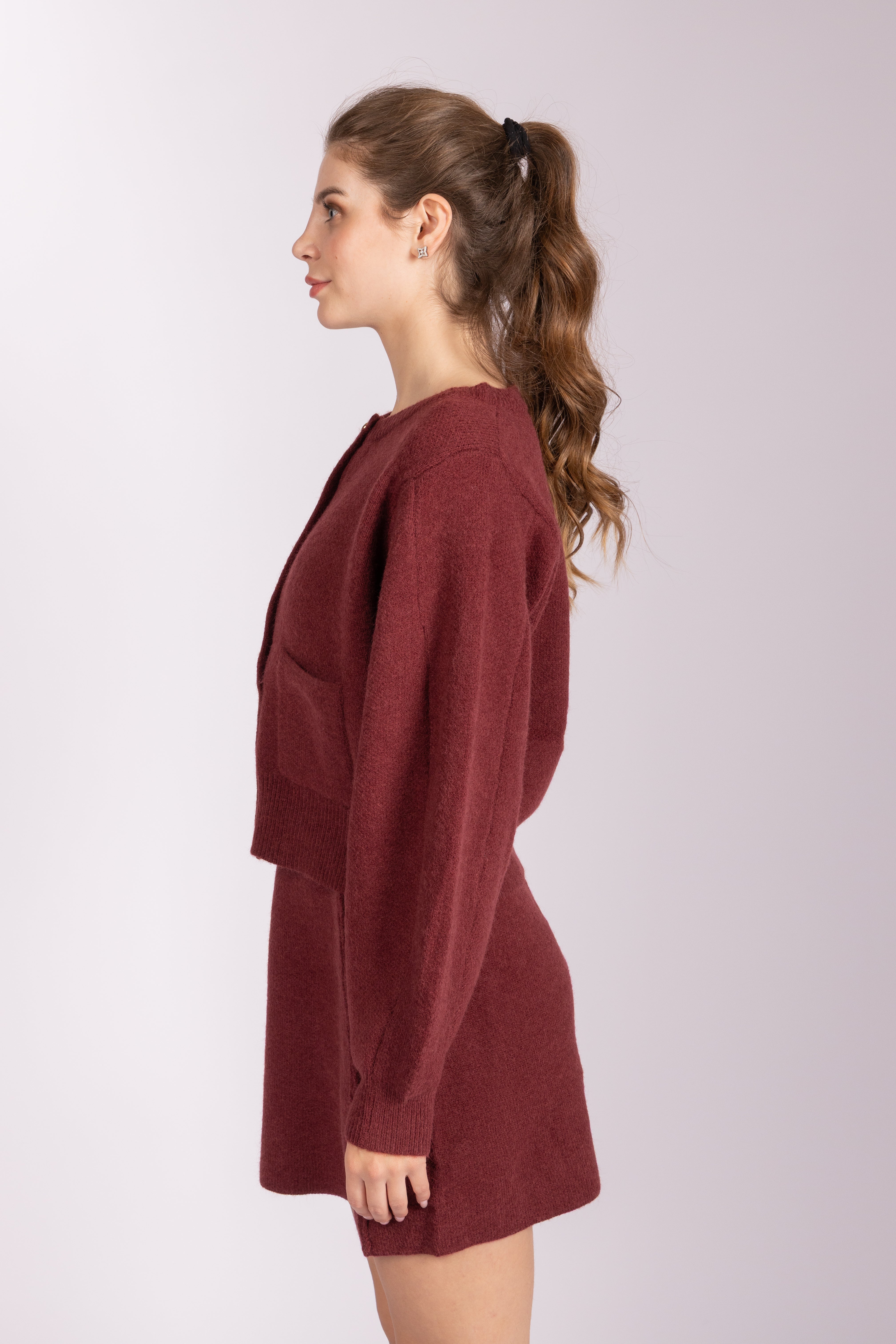 Matching Knitwear Cardigan and Skirt Set - Bordeaux