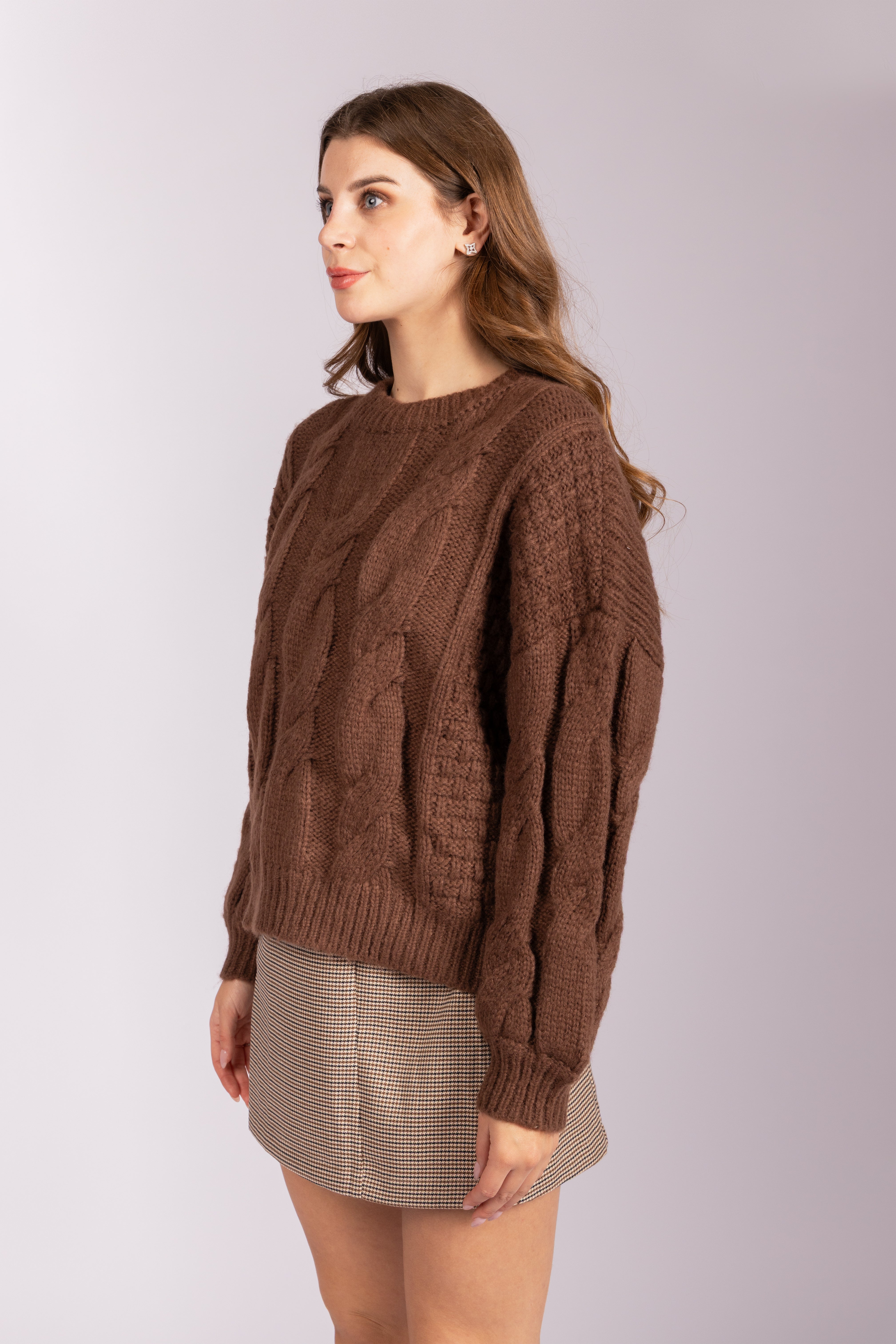 Cable-Knit Chunky Sweater - Brown