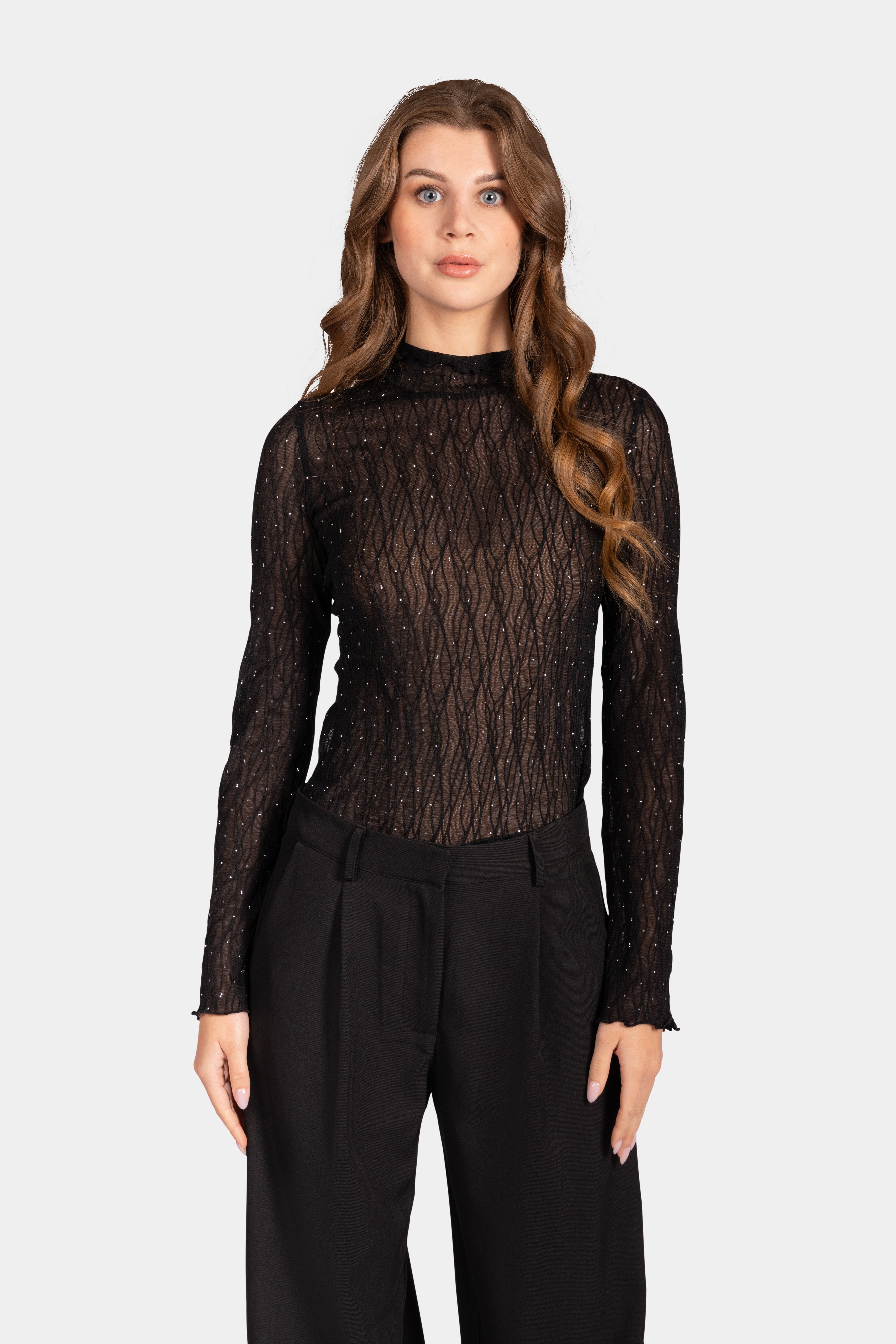 Lace Rhinestone Long Sleeve Top - Black