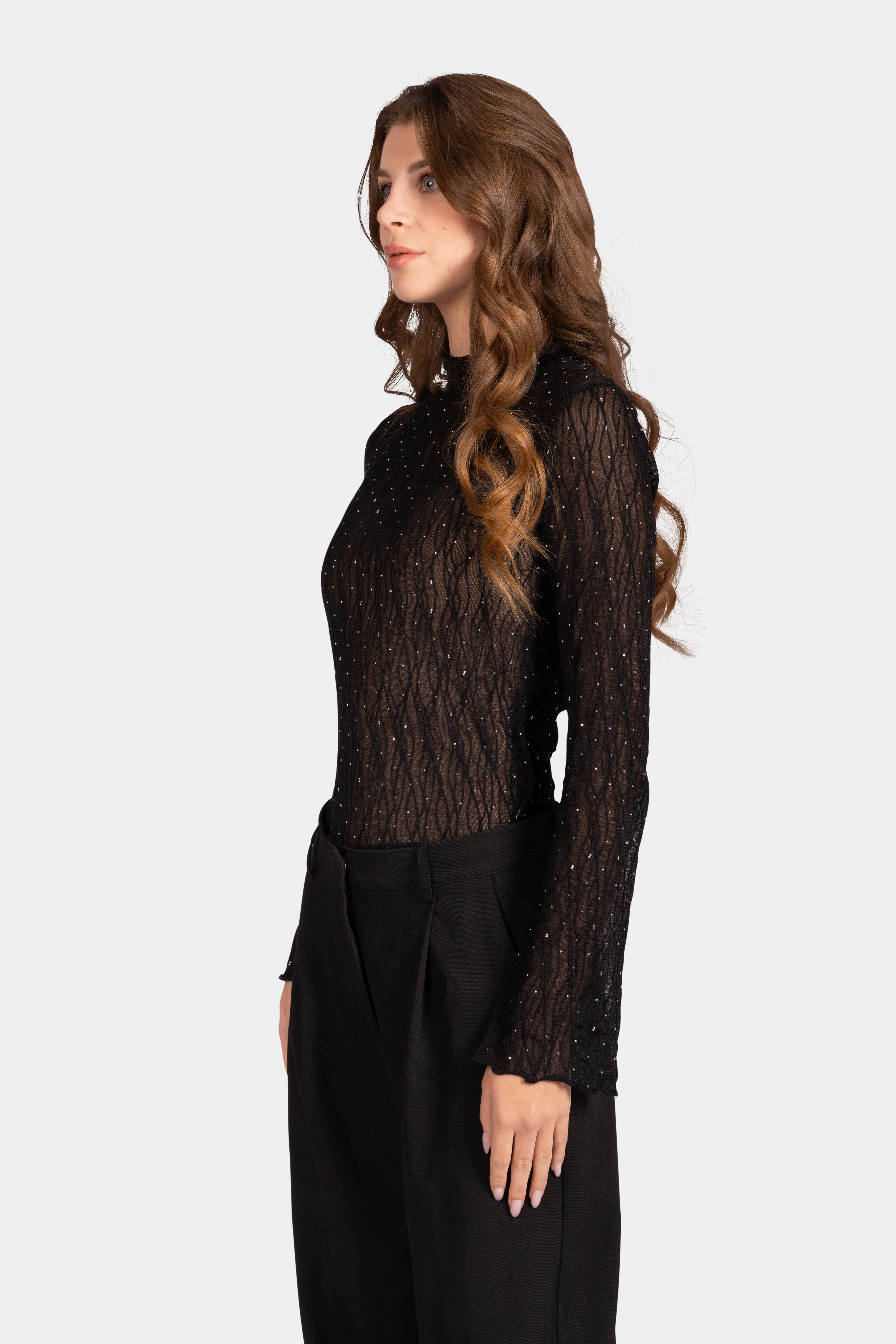 Lace Rhinestone Long Sleeve Top - Black