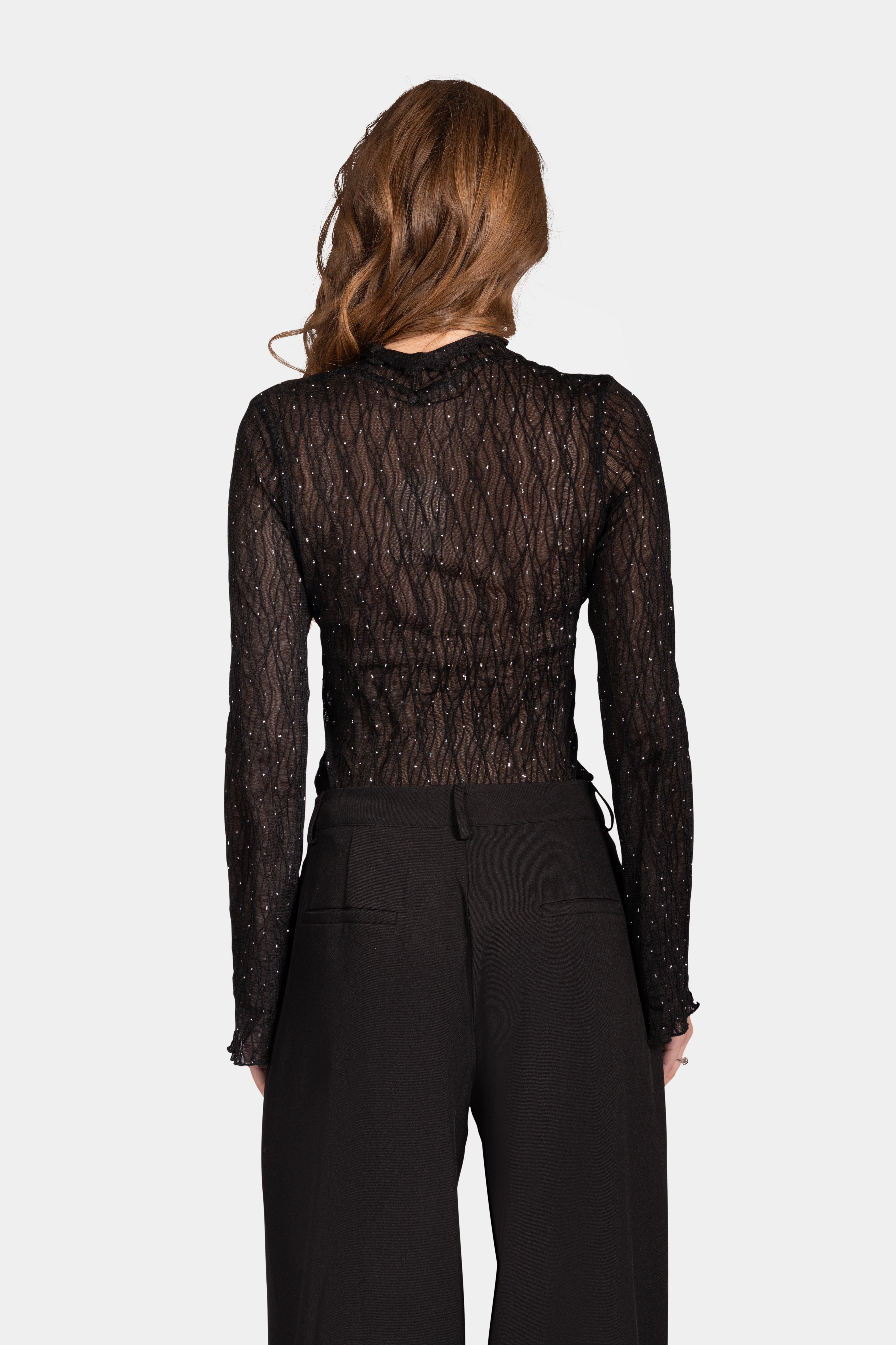 Lace Rhinestone Long Sleeve Top - Black