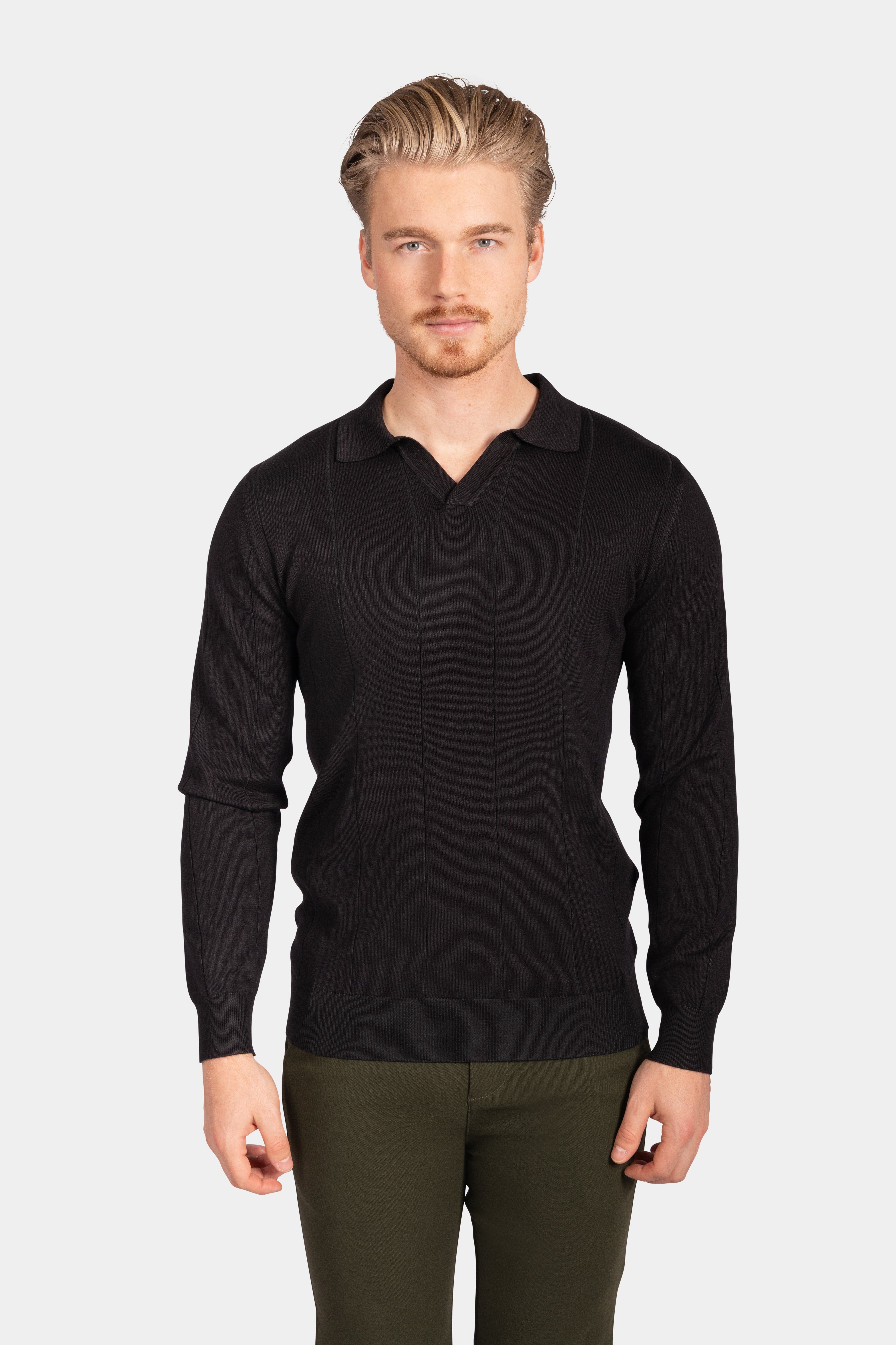 Collar V-Neck Knitwear, Striped - Black