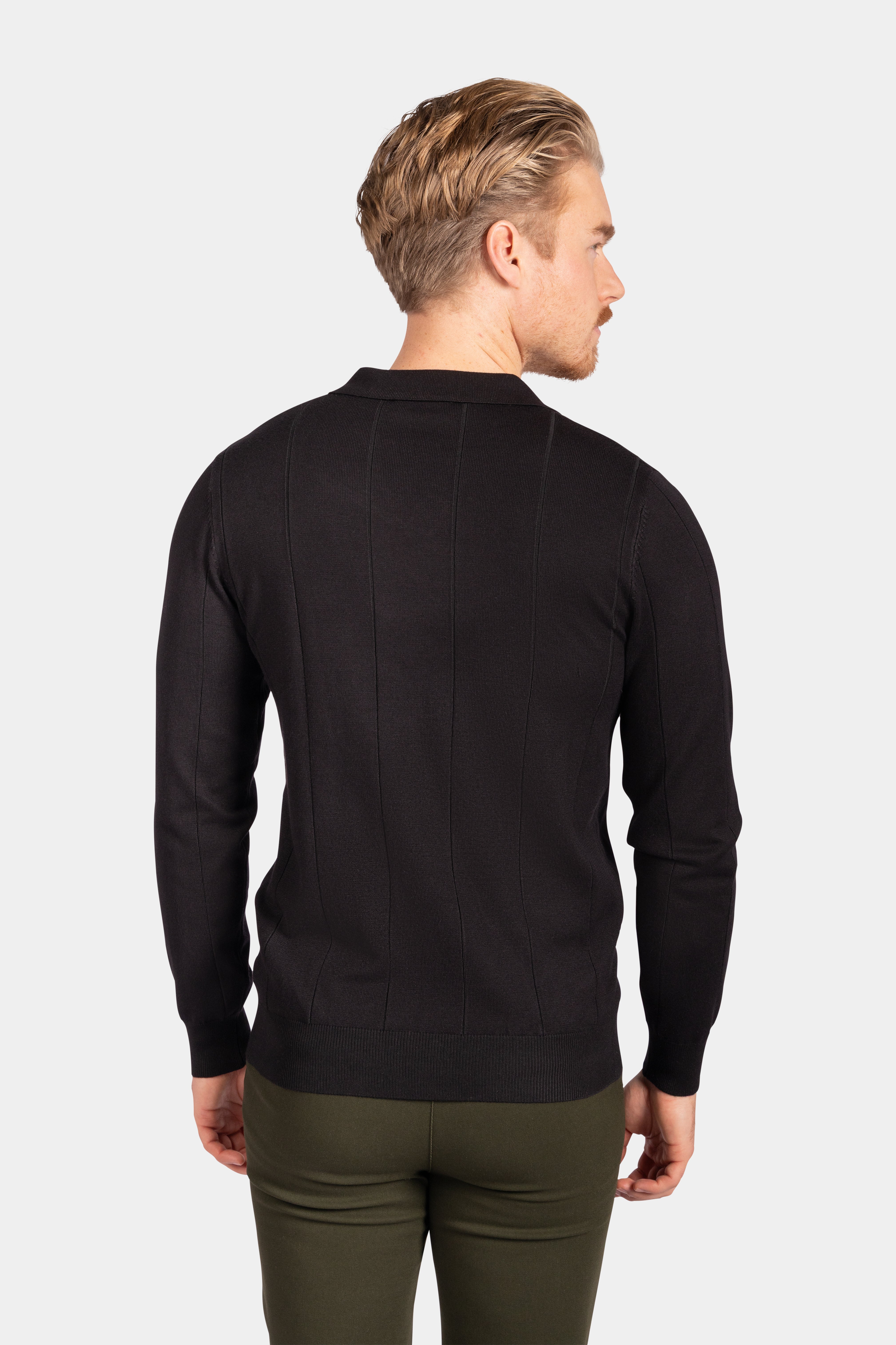 Collar V-Neck Knitwear, Striped - Black