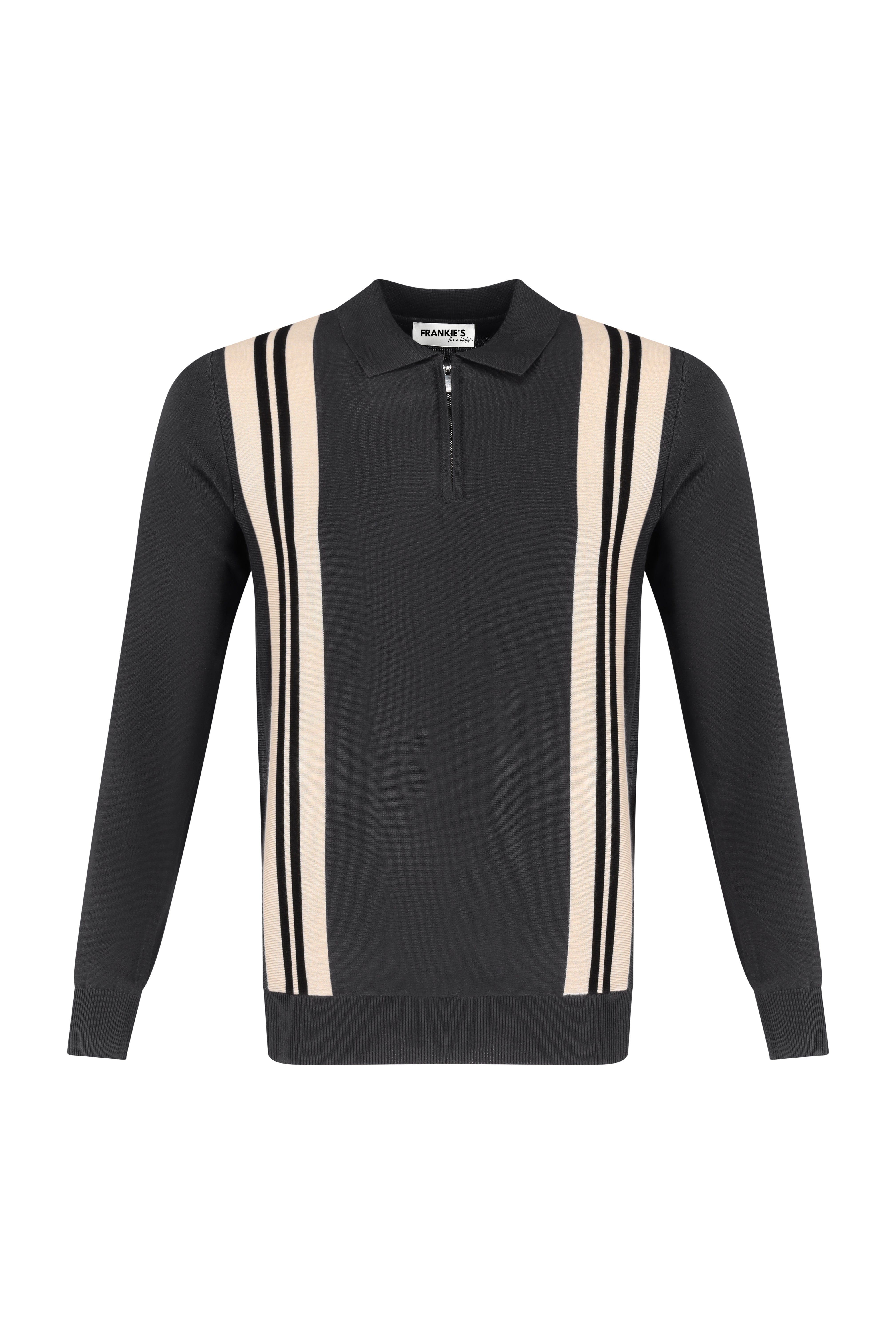 Collar V-Neck Knitwear, Colour Block Stripe Detail - Black