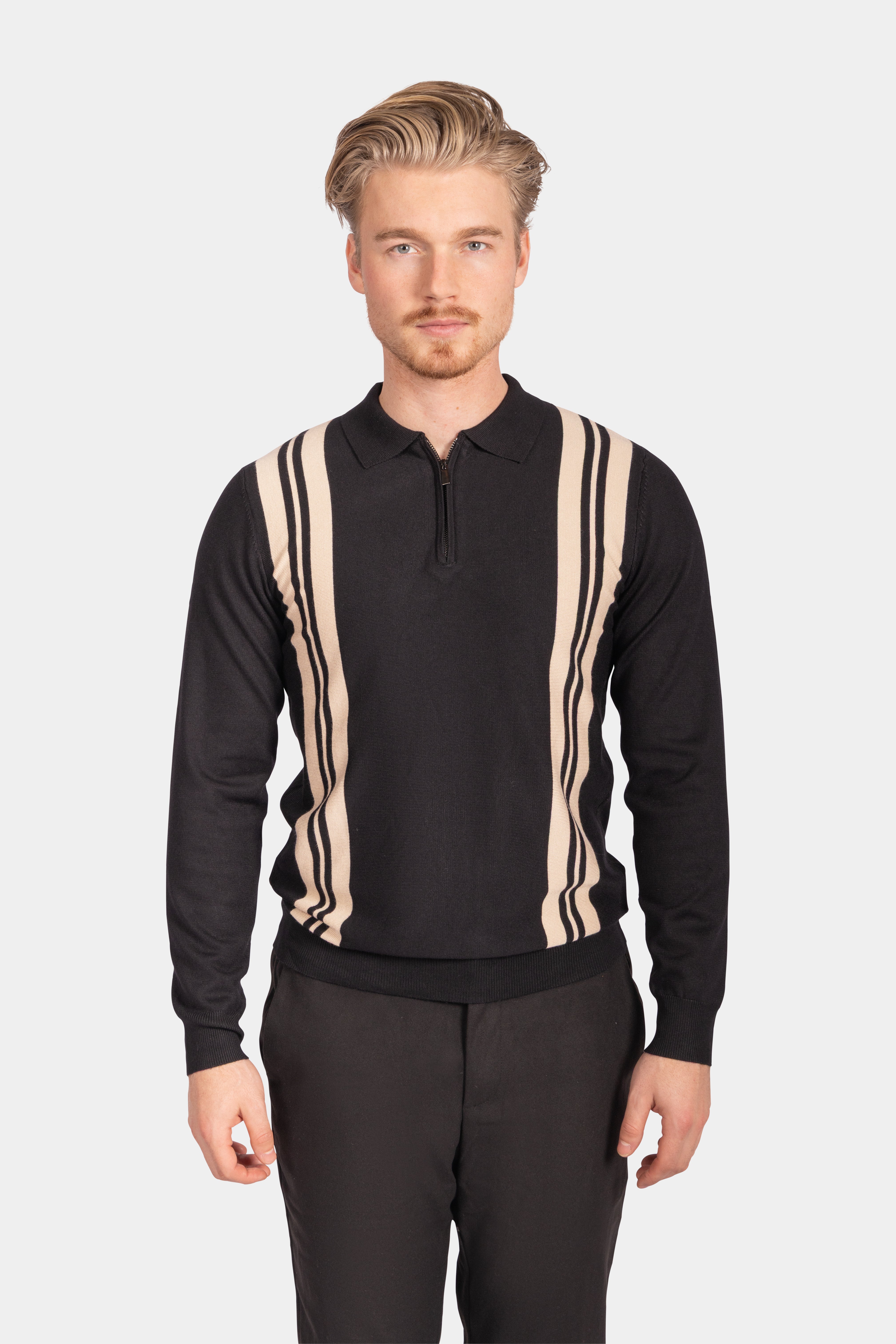 Collar V-Neck Knitwear, Colour Block Stripe Detail - Black