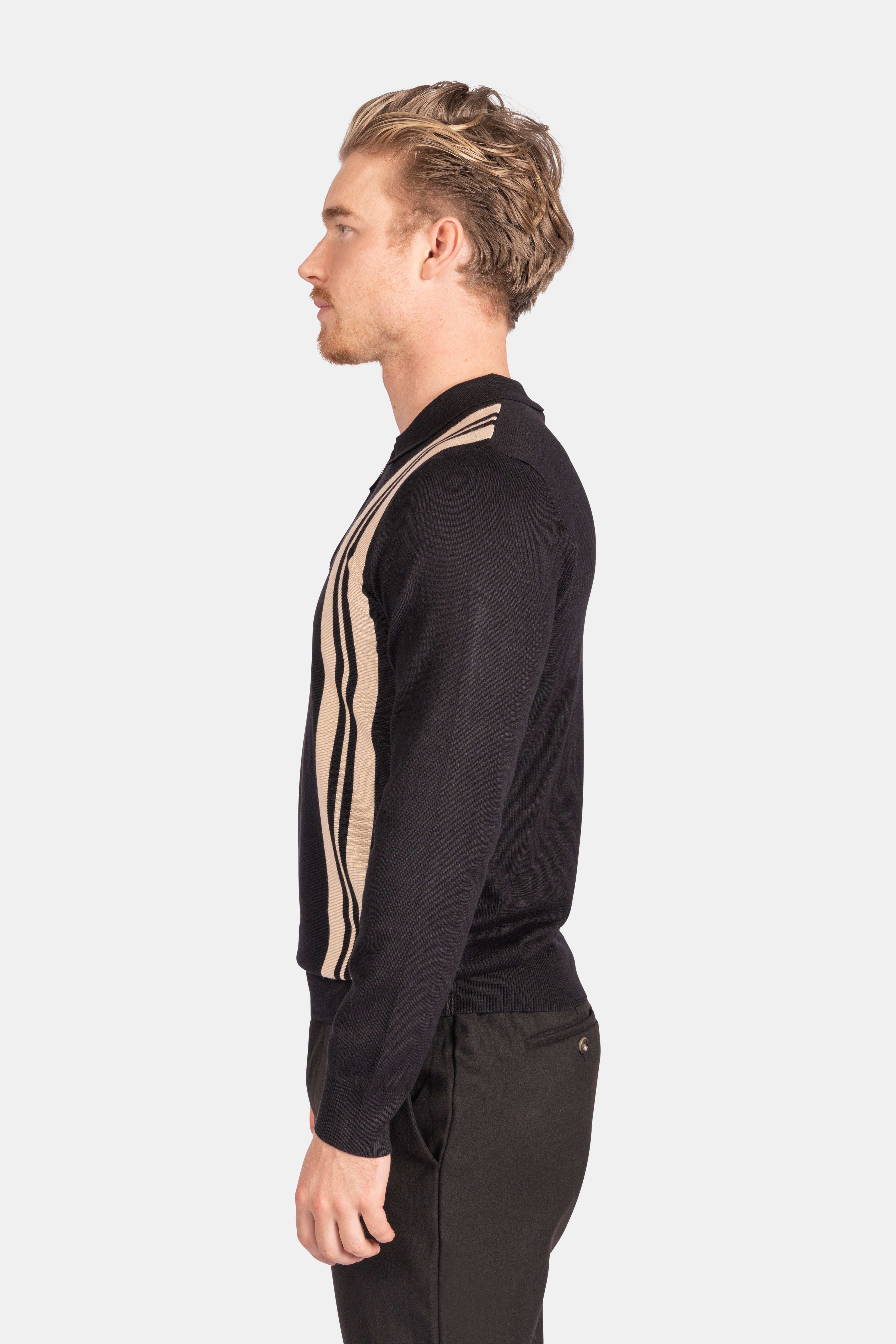 Collar V-Neck Knitwear, Colour Block Stripe Detail - Black