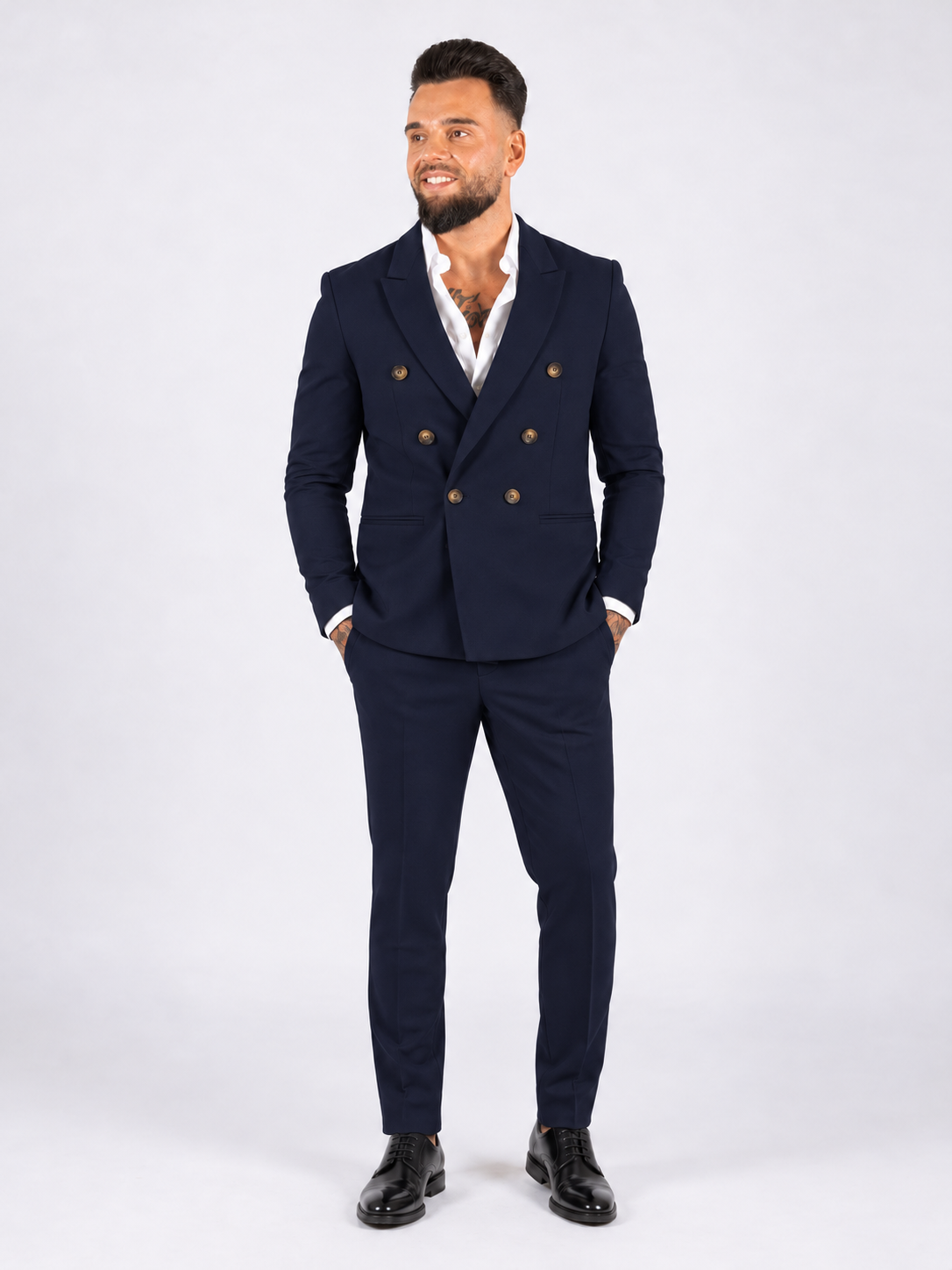 Suit double breasted two piece navy blue