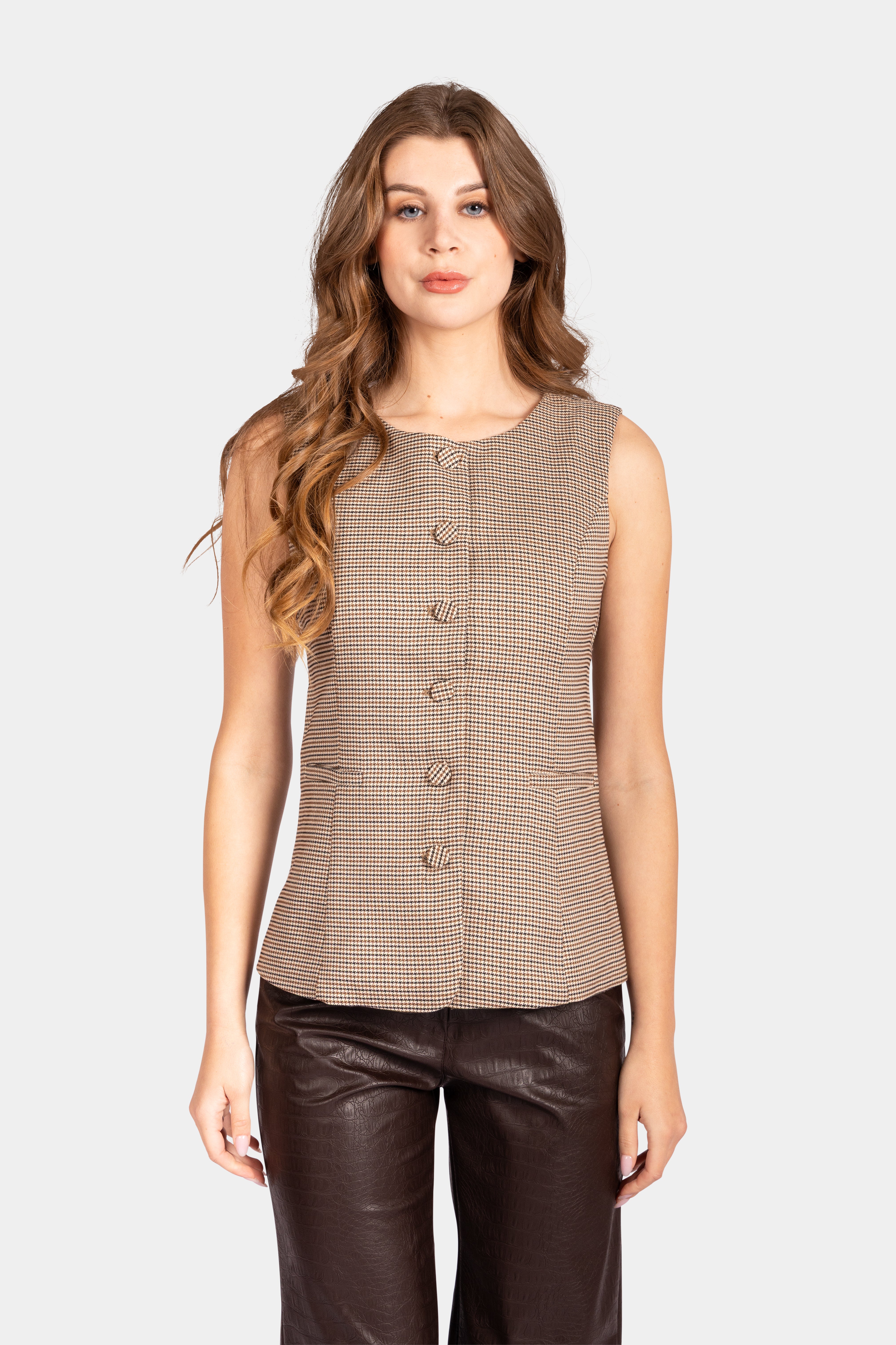 Micro Check Waistcoat - Brown