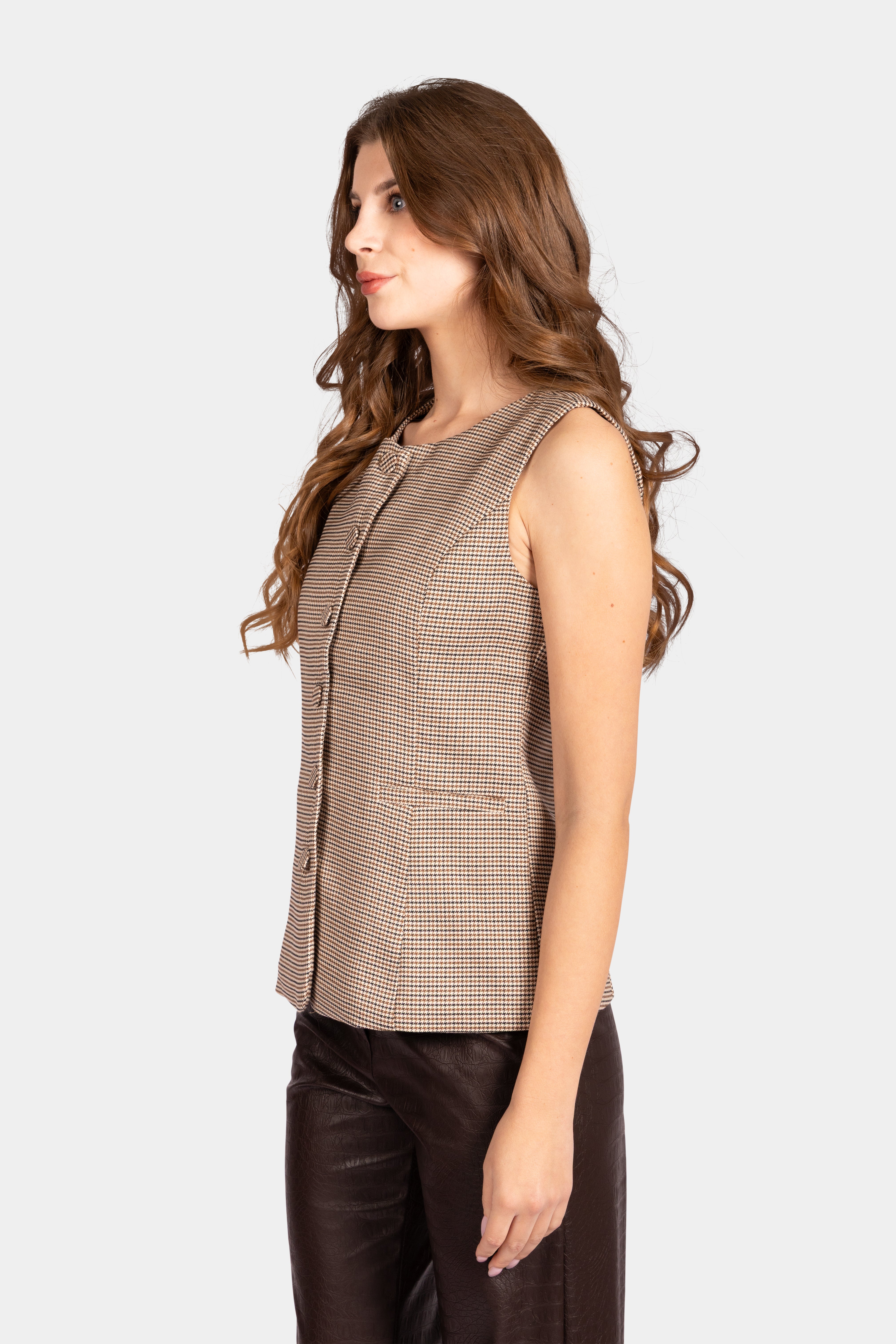 Micro Check Waistcoat - Brown