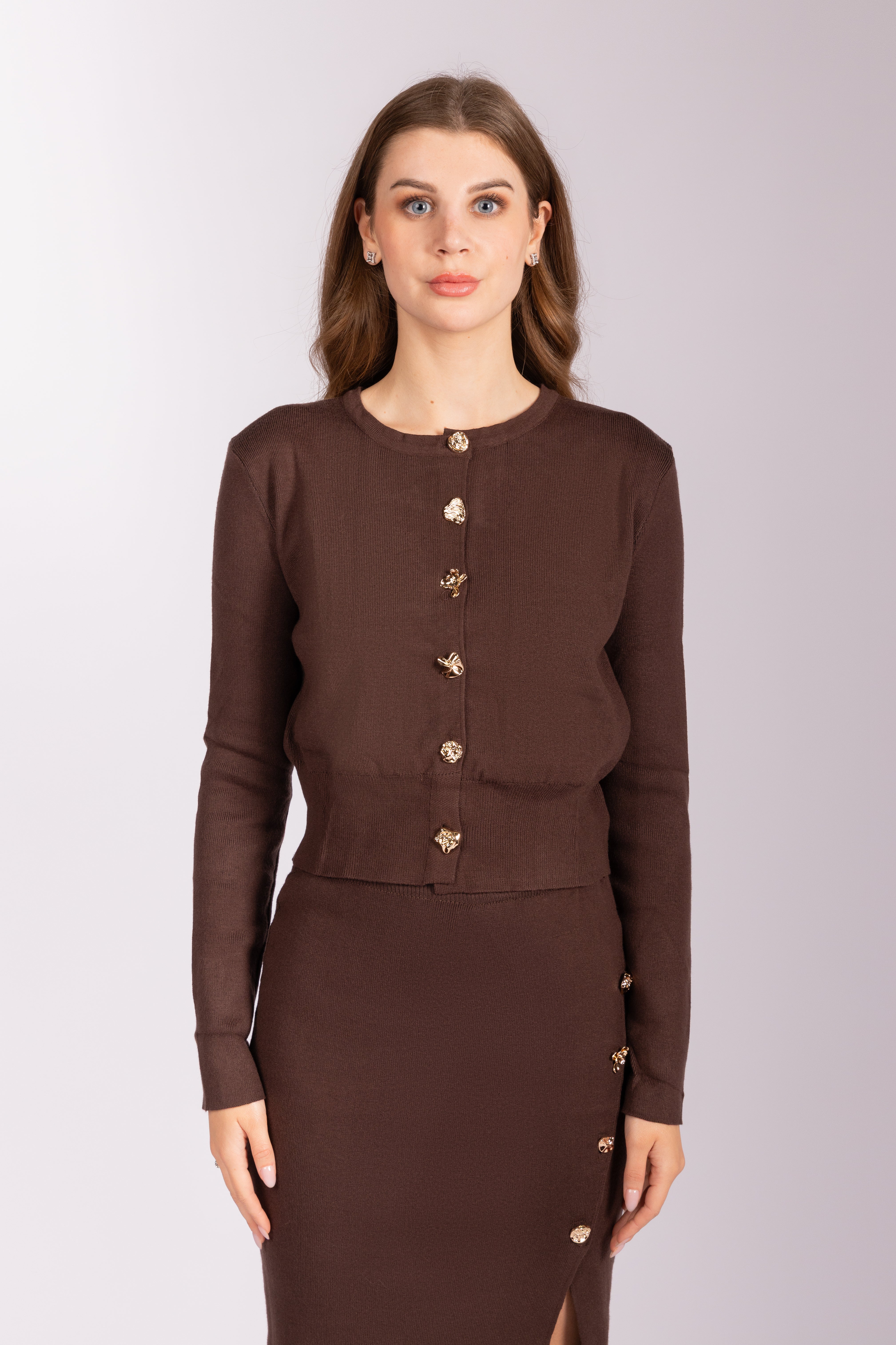 Knitted Cardigan & Midi Shirt Set - Brown