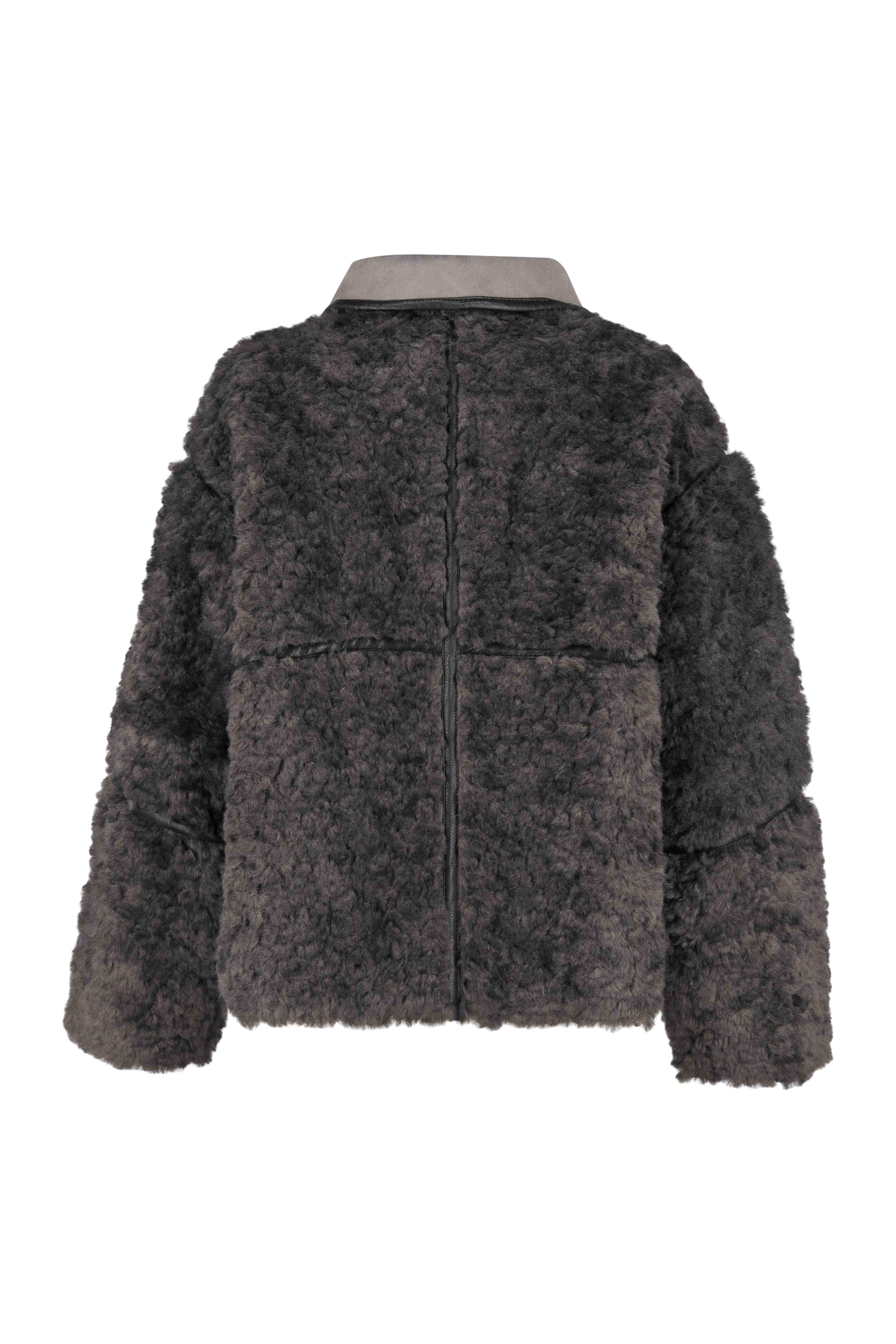 Fleece Jacket with Faux Leather Detail - Grey