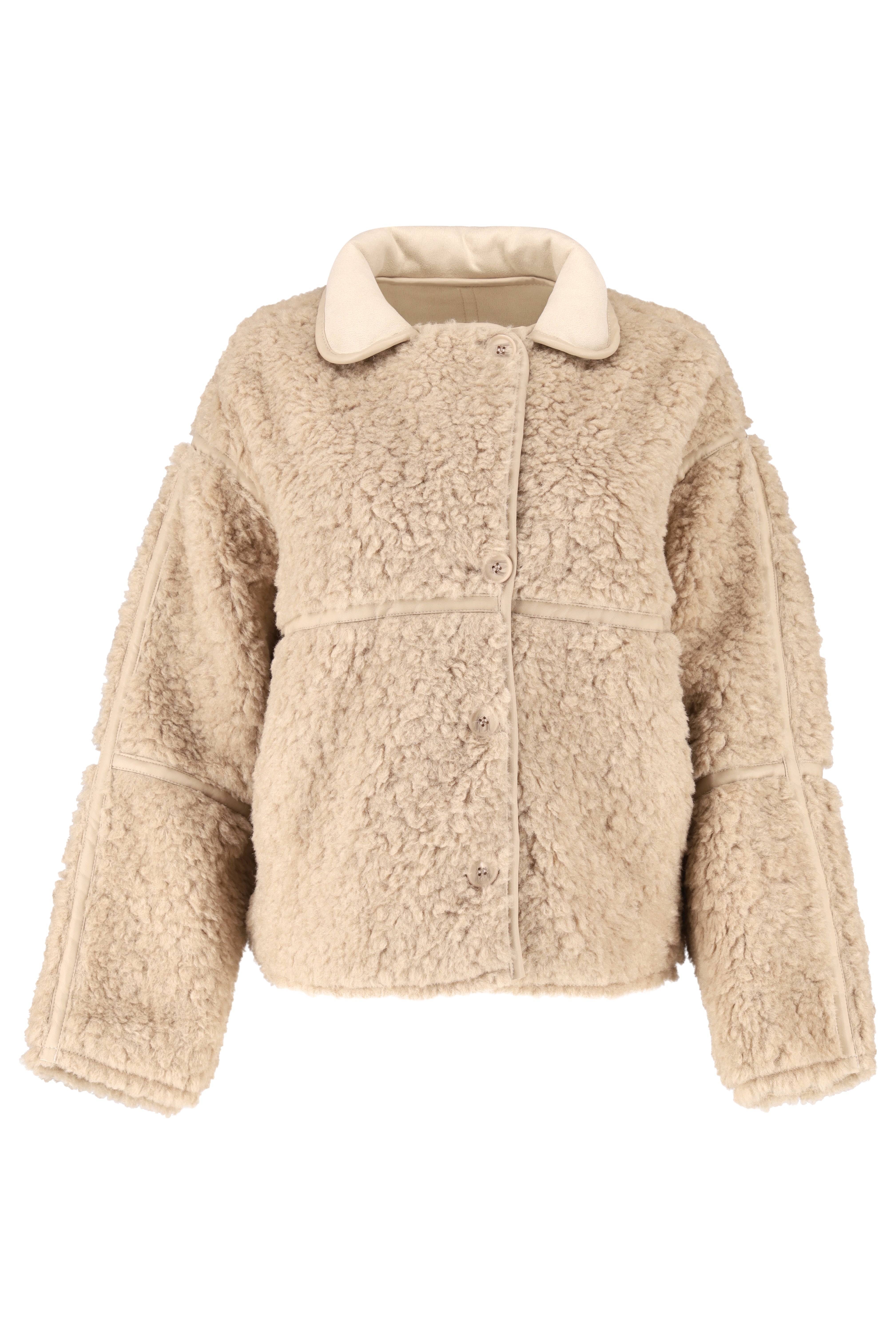 Fleece Jacket with Faux Leather Detail - Beige
