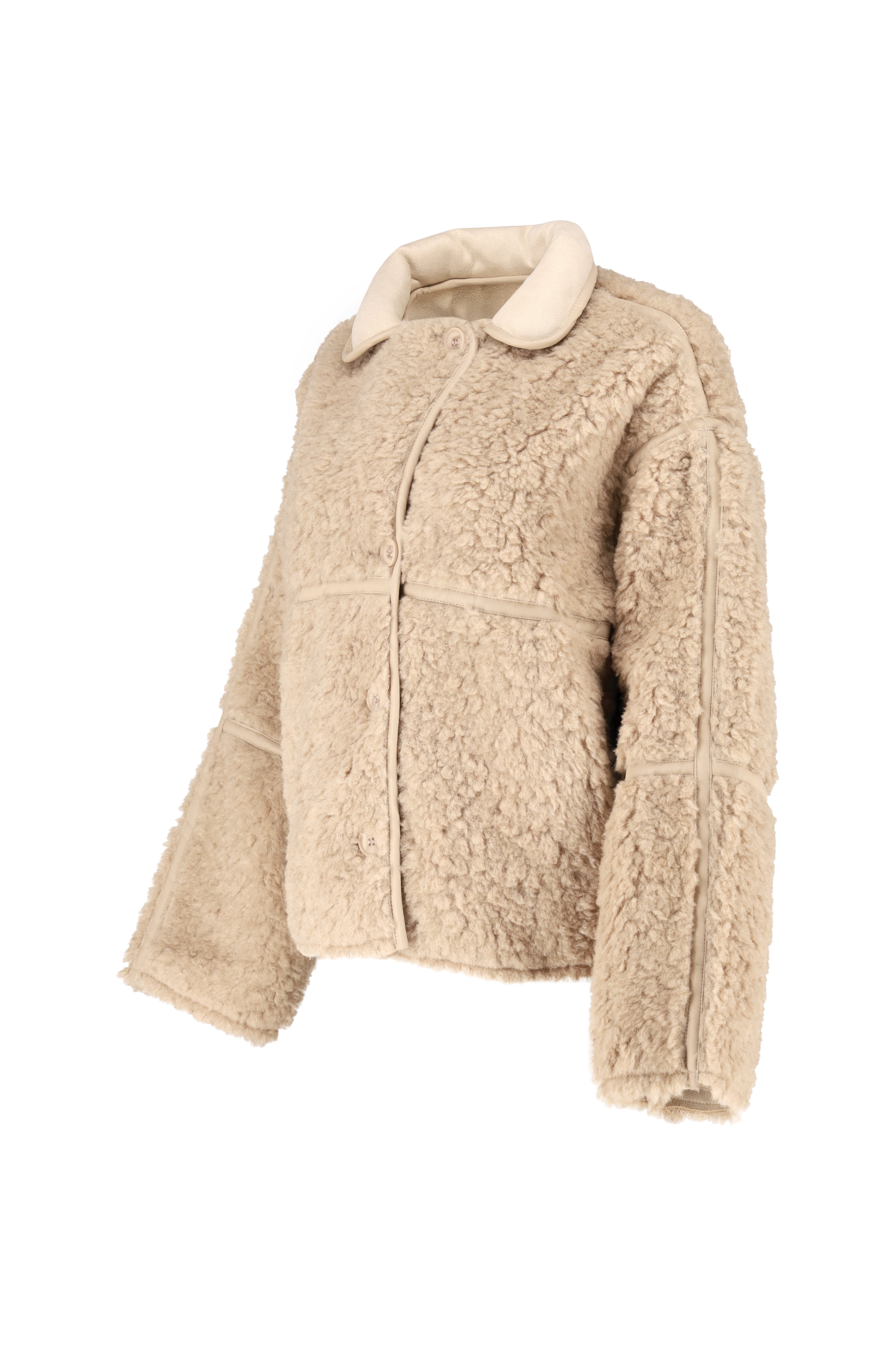 Fleece Jacket with Faux Leather Detail - Beige