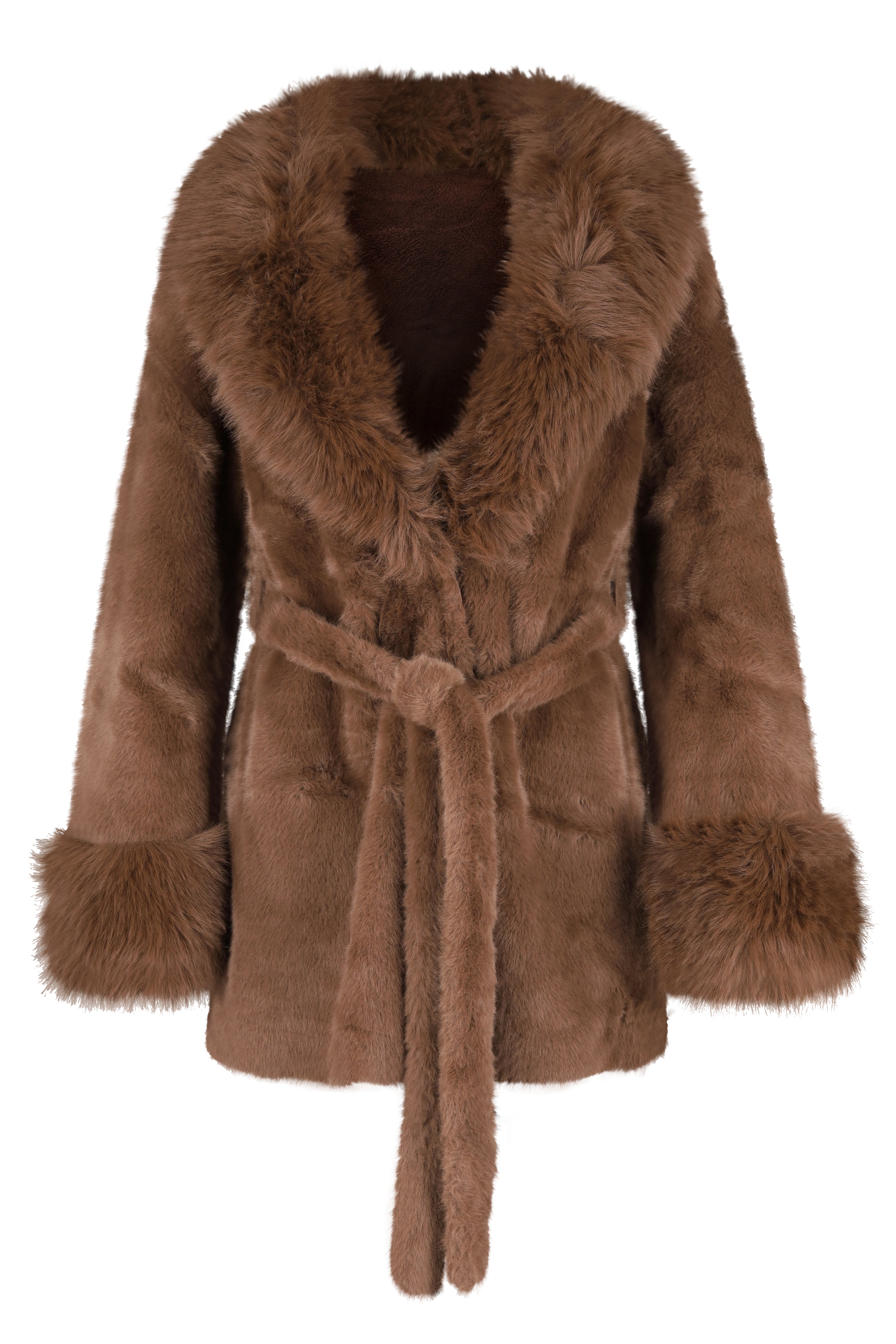 Faux Fur Belted Coat - Brown