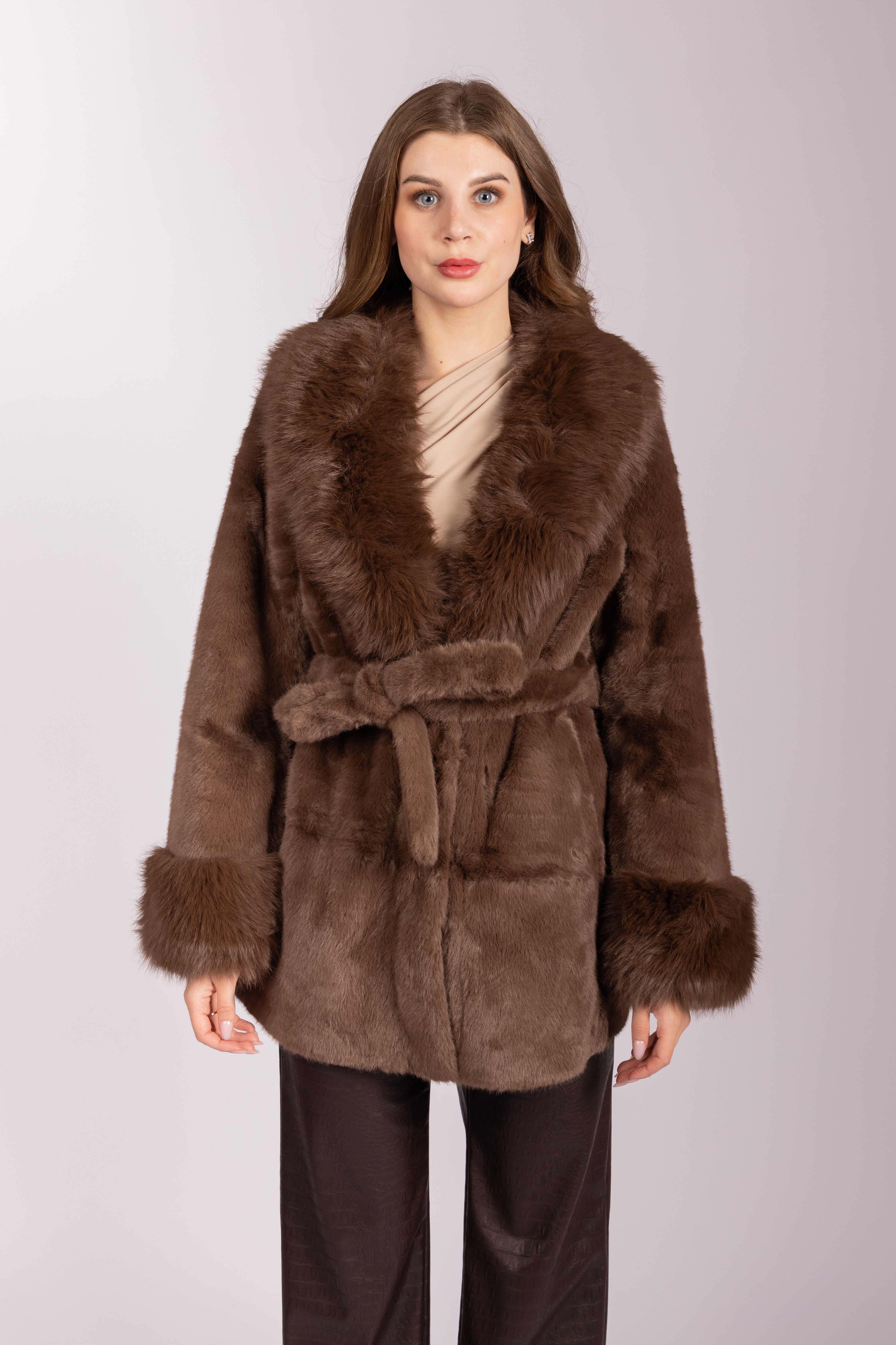 Faux Fur Belted Coat - Brown