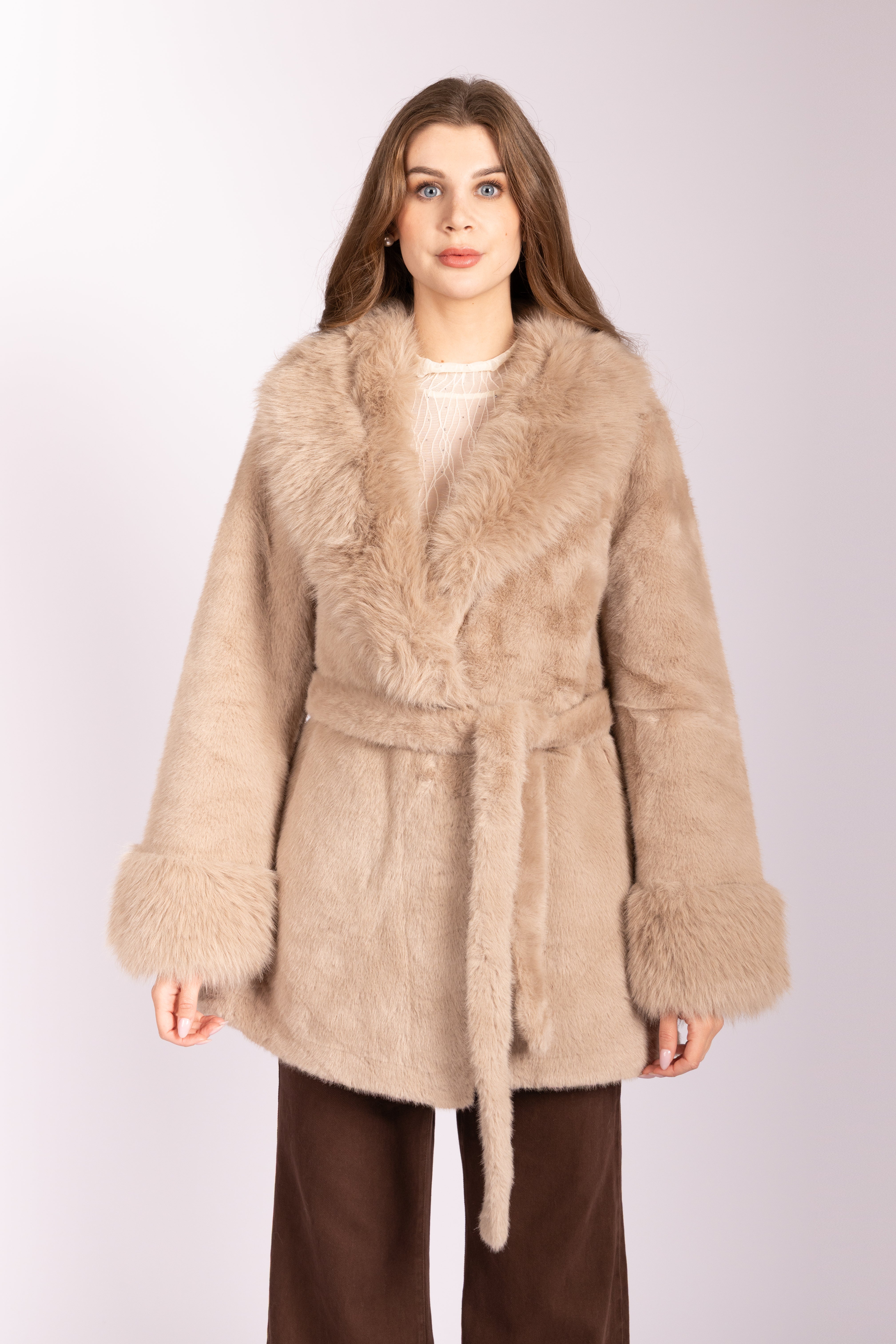 Faux Fur Belted Coat - Taupe