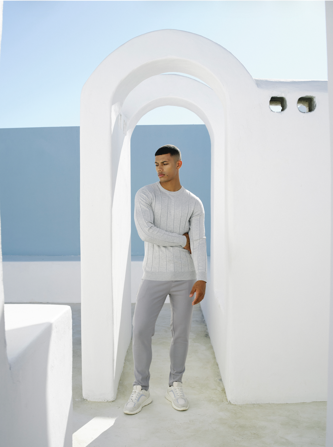 Crewneck Knitwear, Wide Rib - Grey