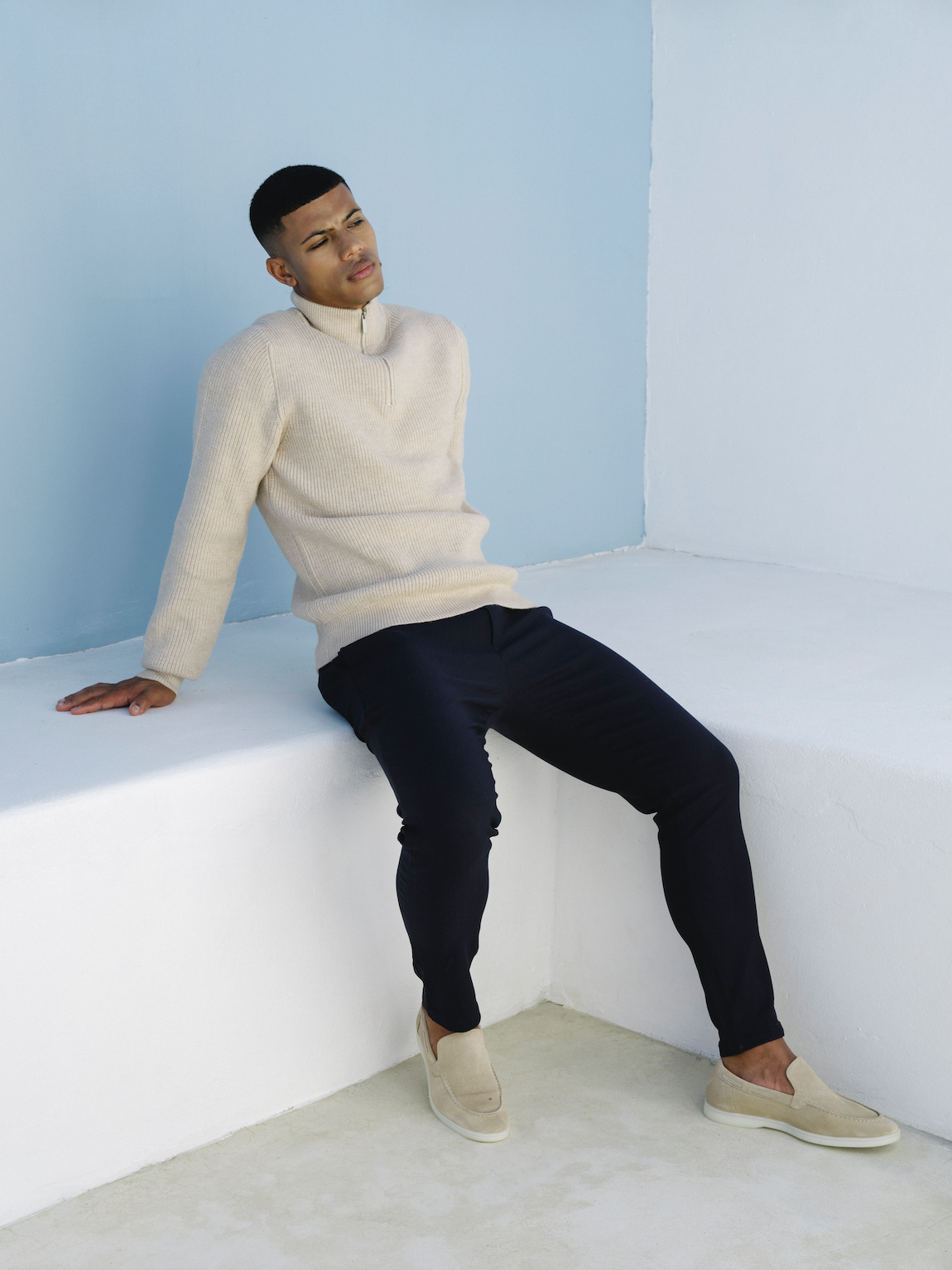 Quarter Zip Funnel Neck, Rib Knitwear - Beige - Frankie's