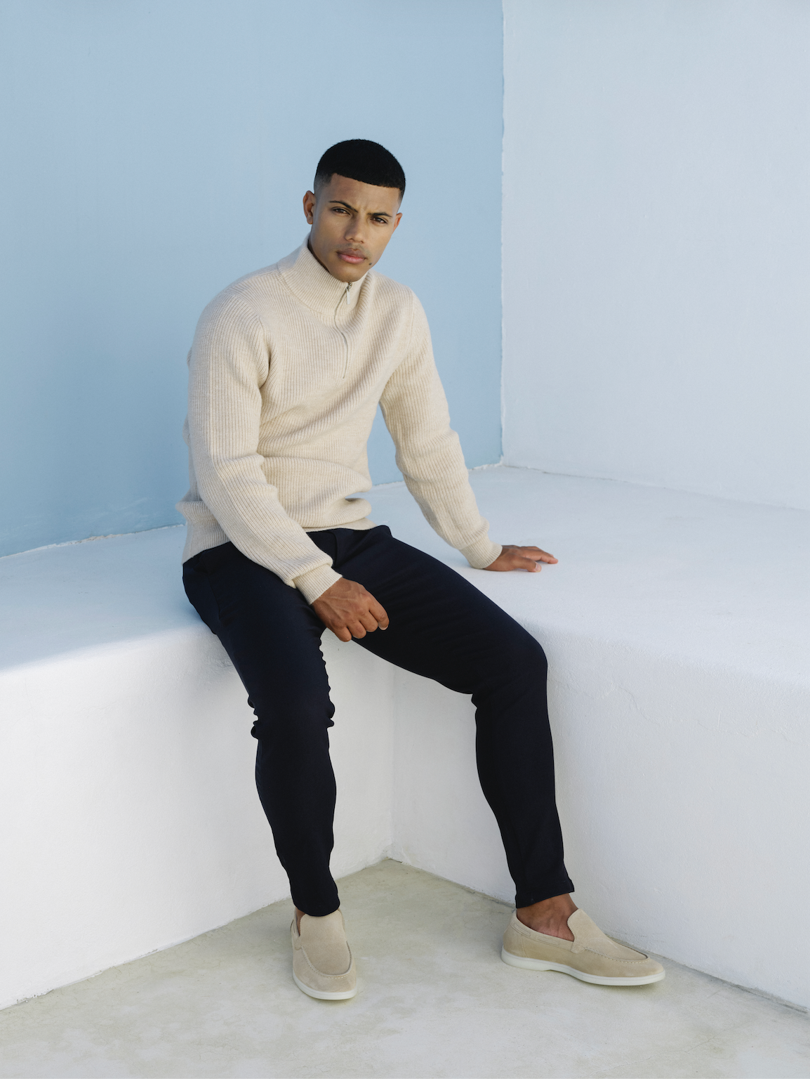Quarter Zip Funnel Neck, Rib Knitwear - Beige - Frankie's
