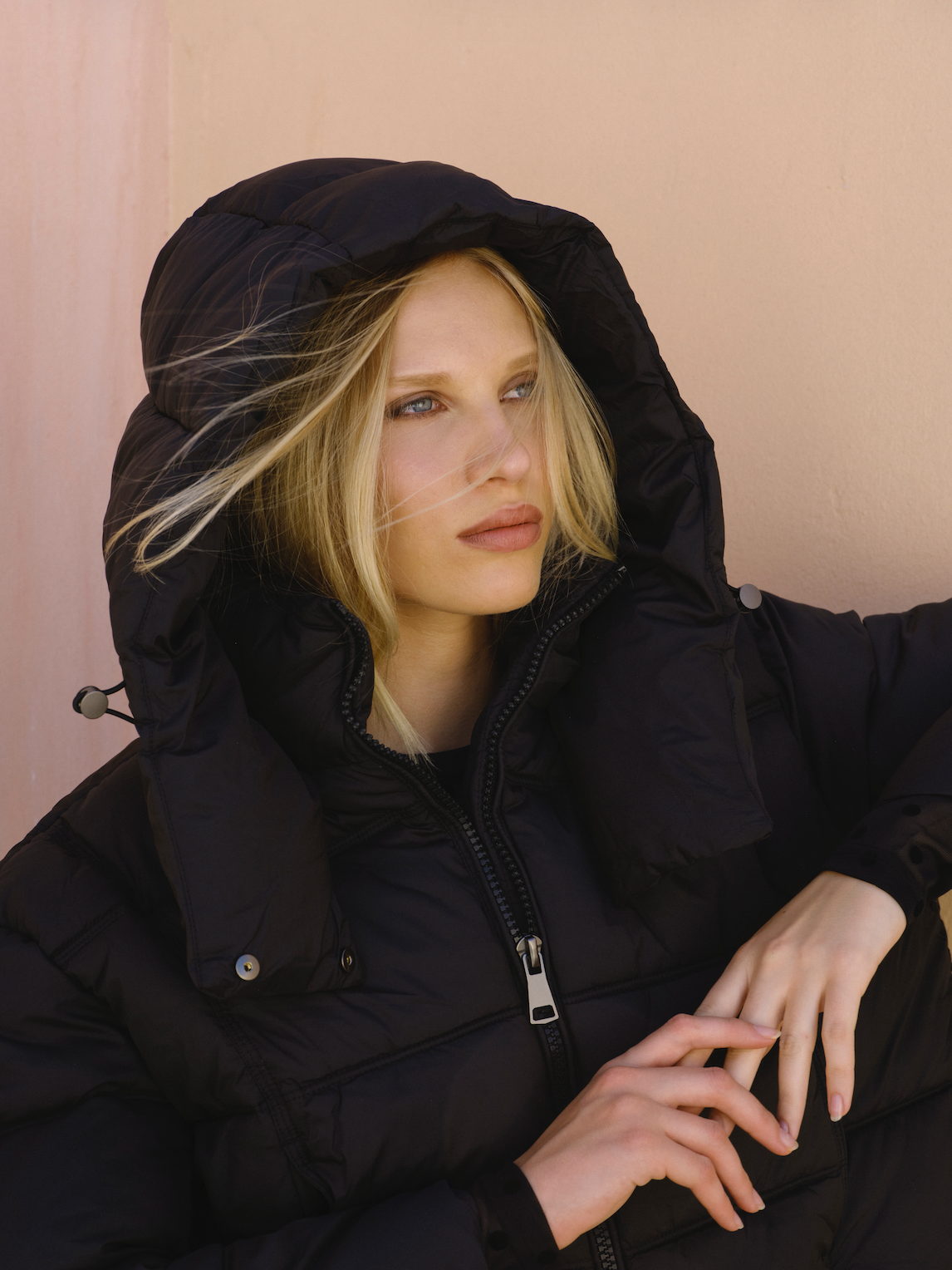 Crop Puffer Jacket with Adjustable Hood - Black