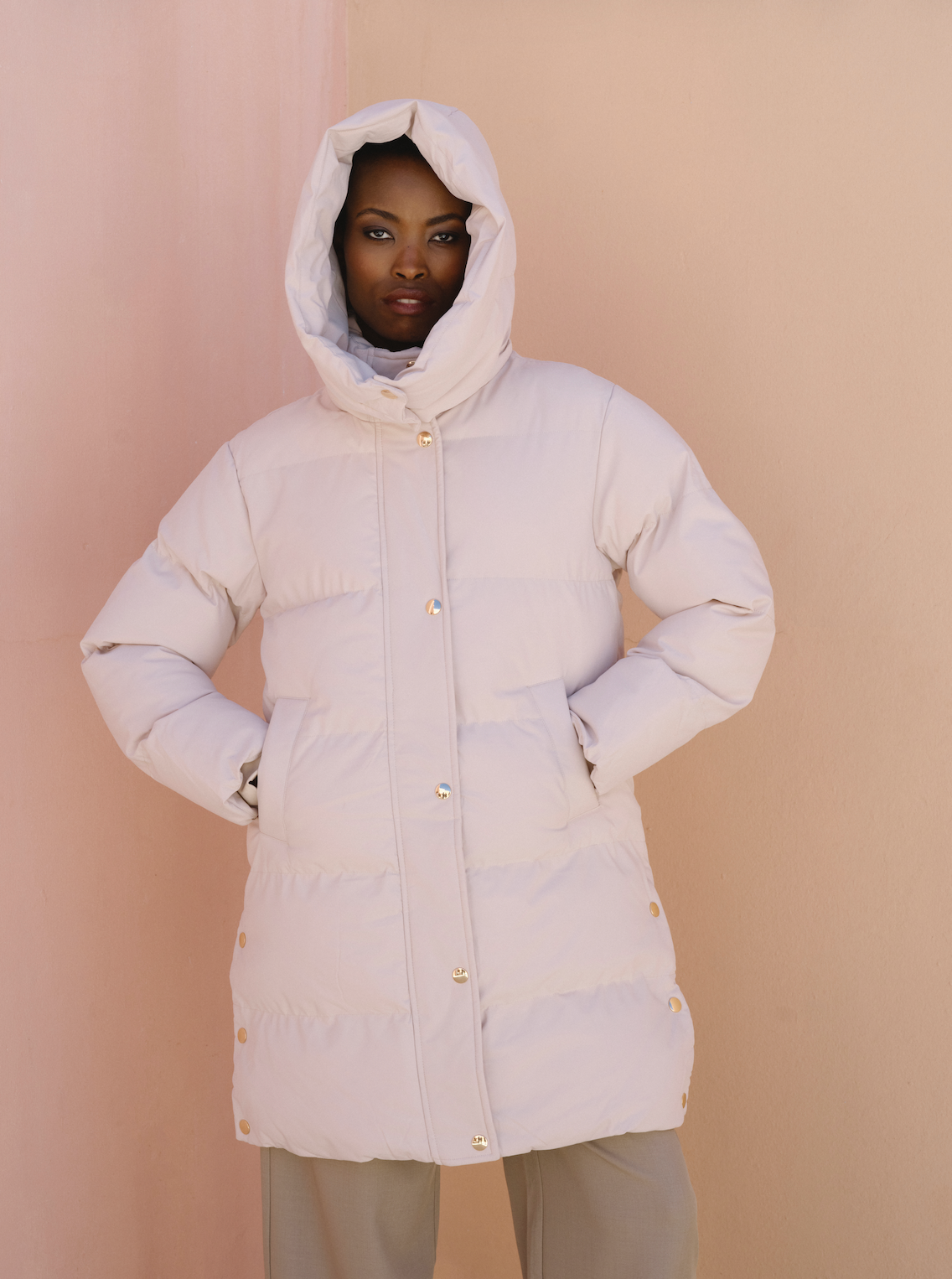 Puffer Jacket with Zip-Off Hood - Beige