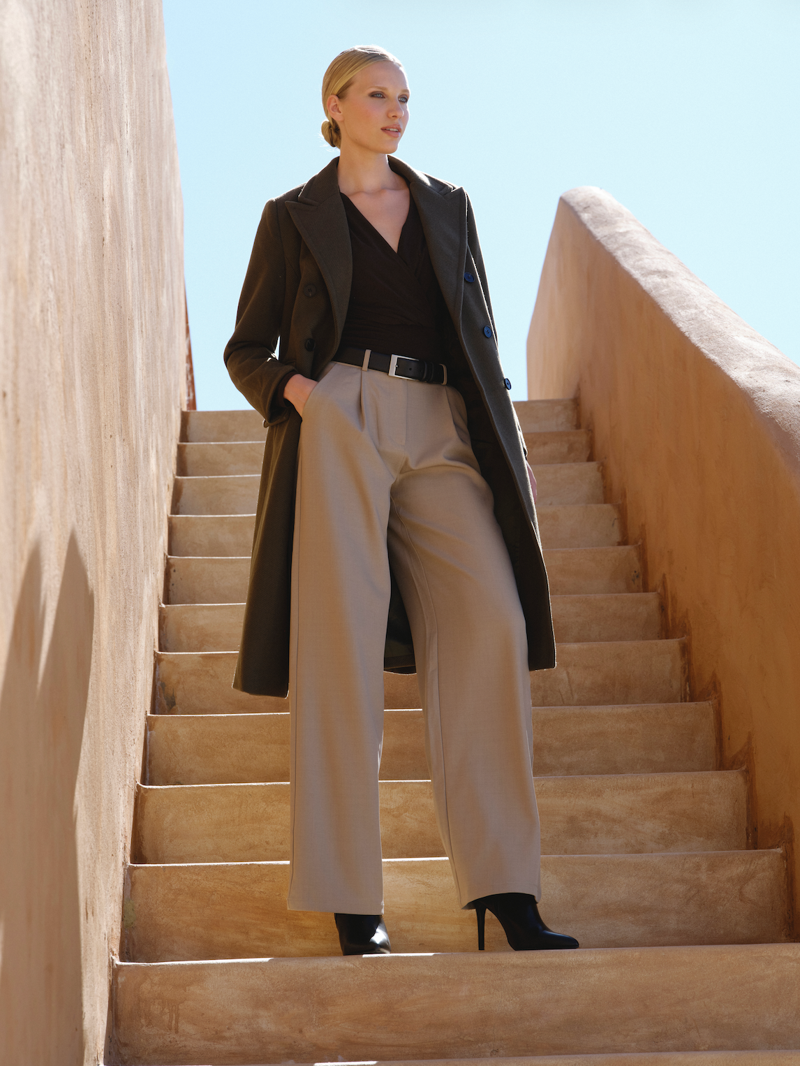 Melton DB Long Jacket - Khaki