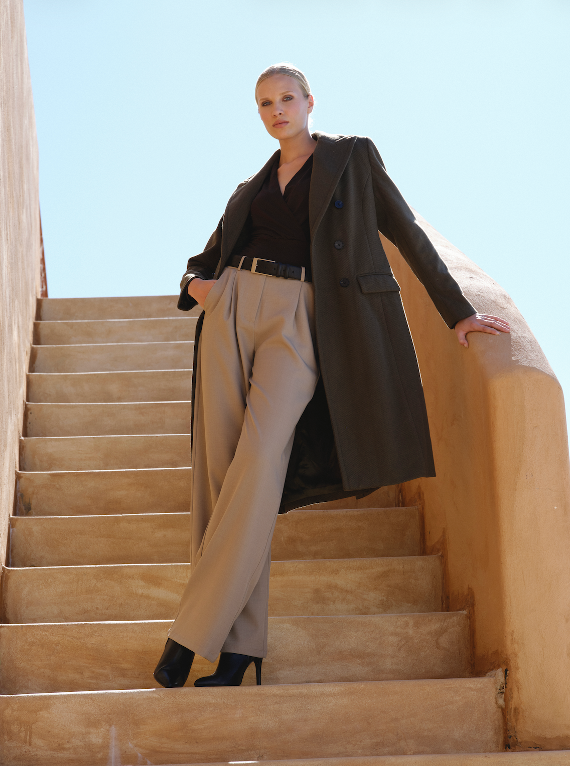 Melton DB Long Jacket - Khaki