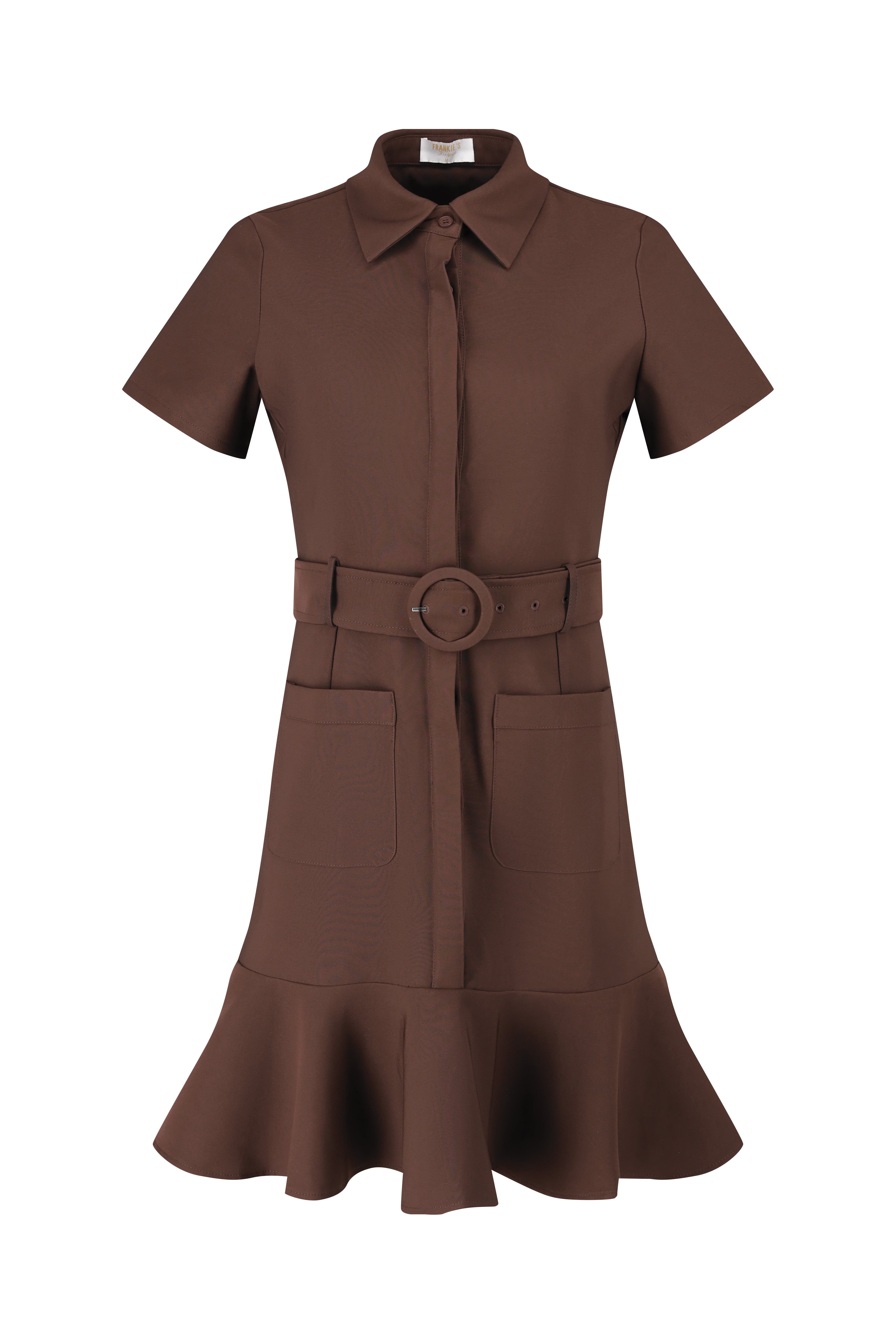 Short Sleeve Belted Dress Brown