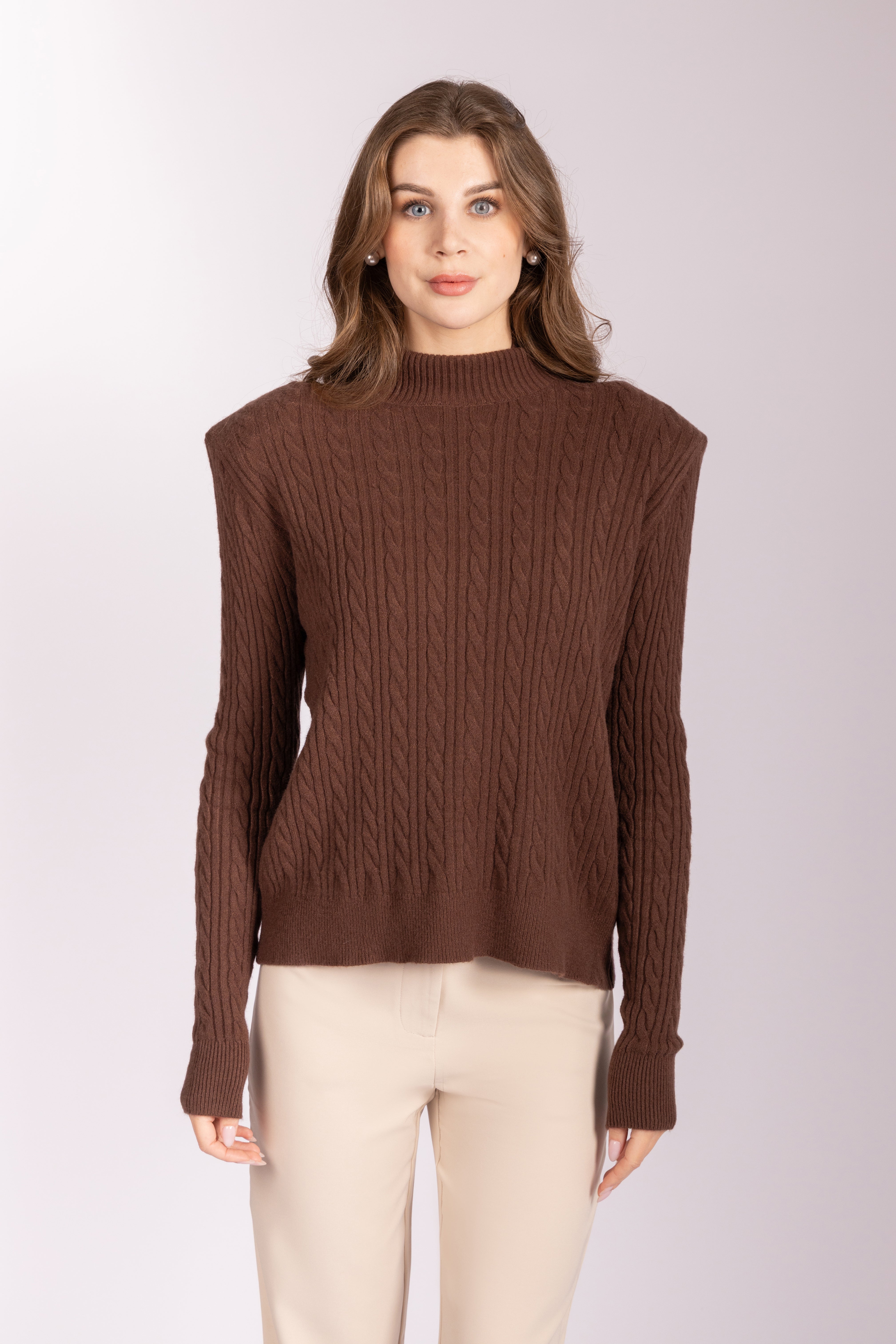 Cable-Knit Mock-Neck Sweater - Brown