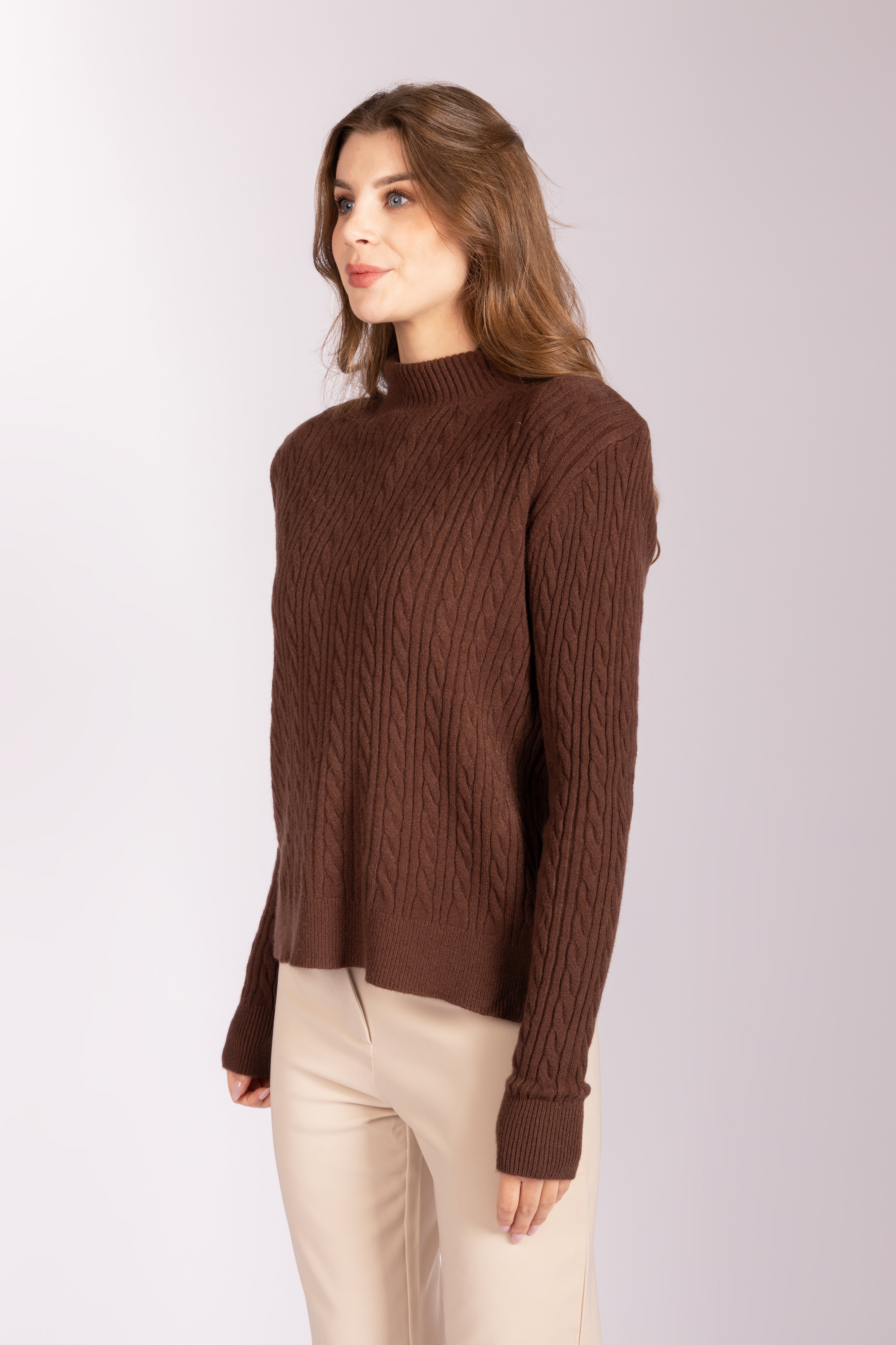 Cable-Knit Mock-Neck Sweater - Brown