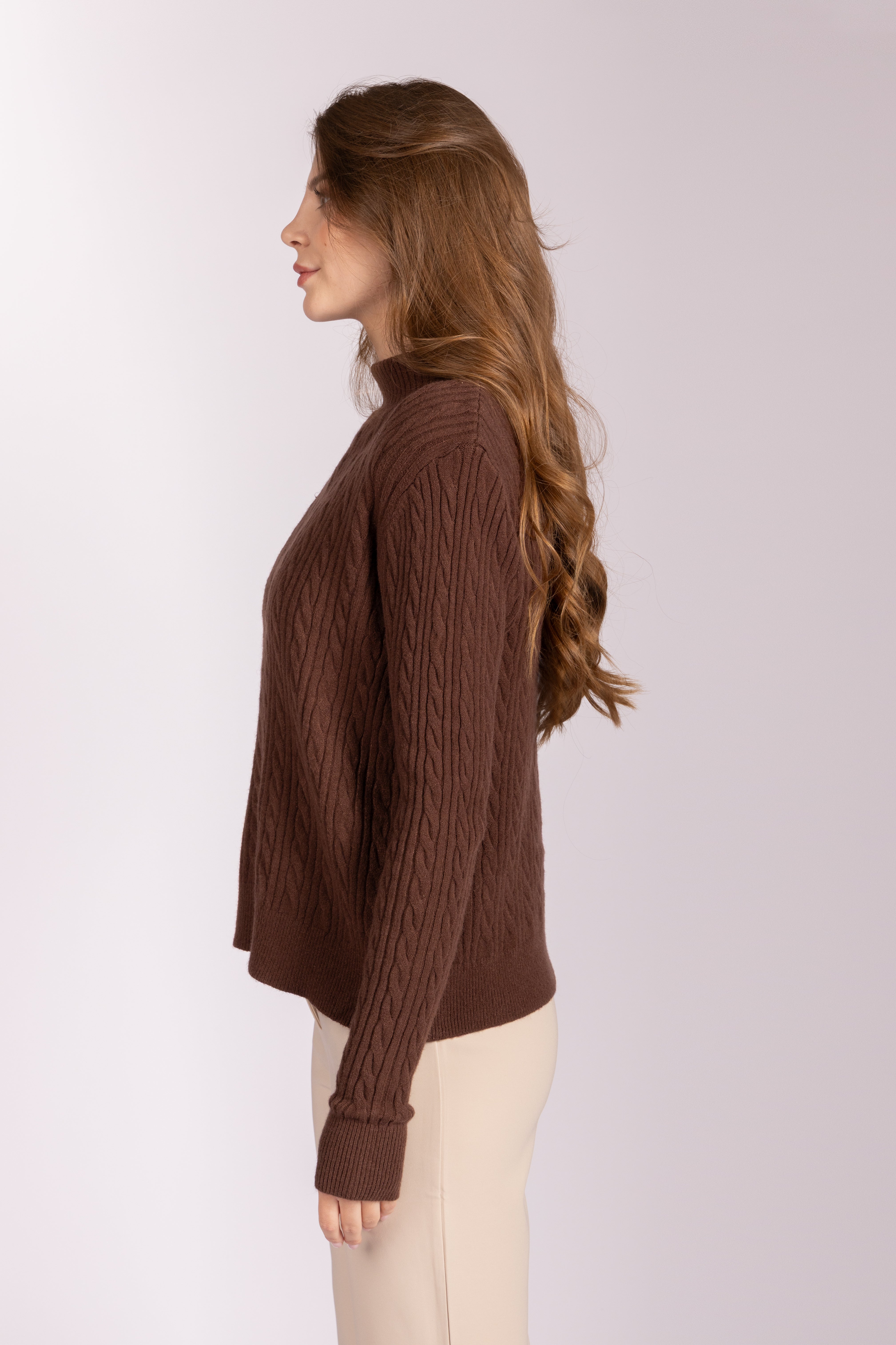 Cable-Knit Mock-Neck Sweater - Brown