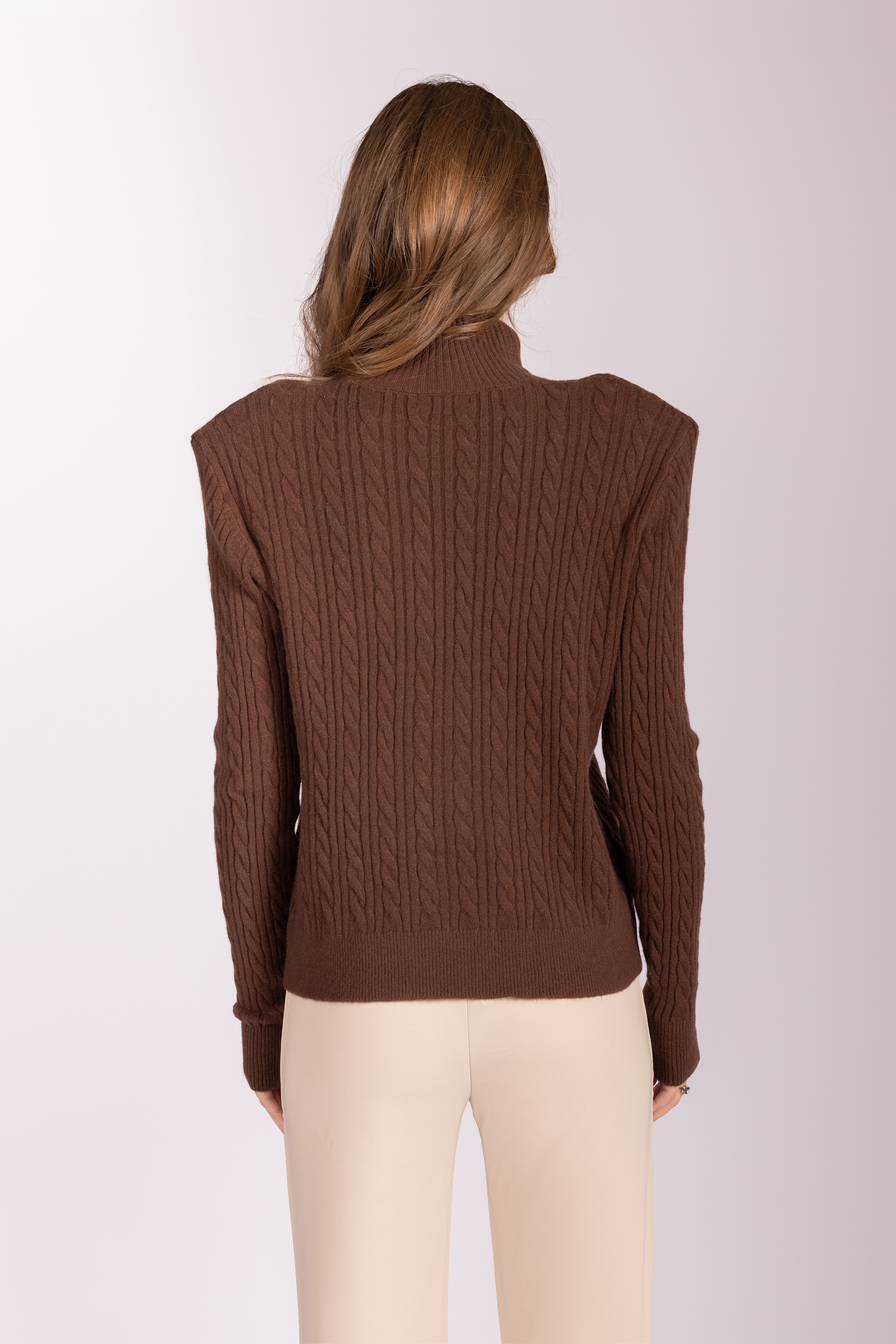 Cable-Knit Mock-Neck Sweater - Brown